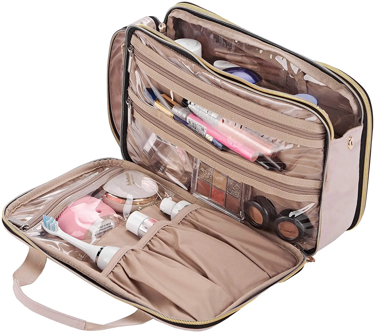 NISHEL Travel Toiletry Bag, Portable Makeup Organizer, Stand Up Cosmetic Bag, Travel Cosmetic Case for Travel Sized Toiletries, Pink