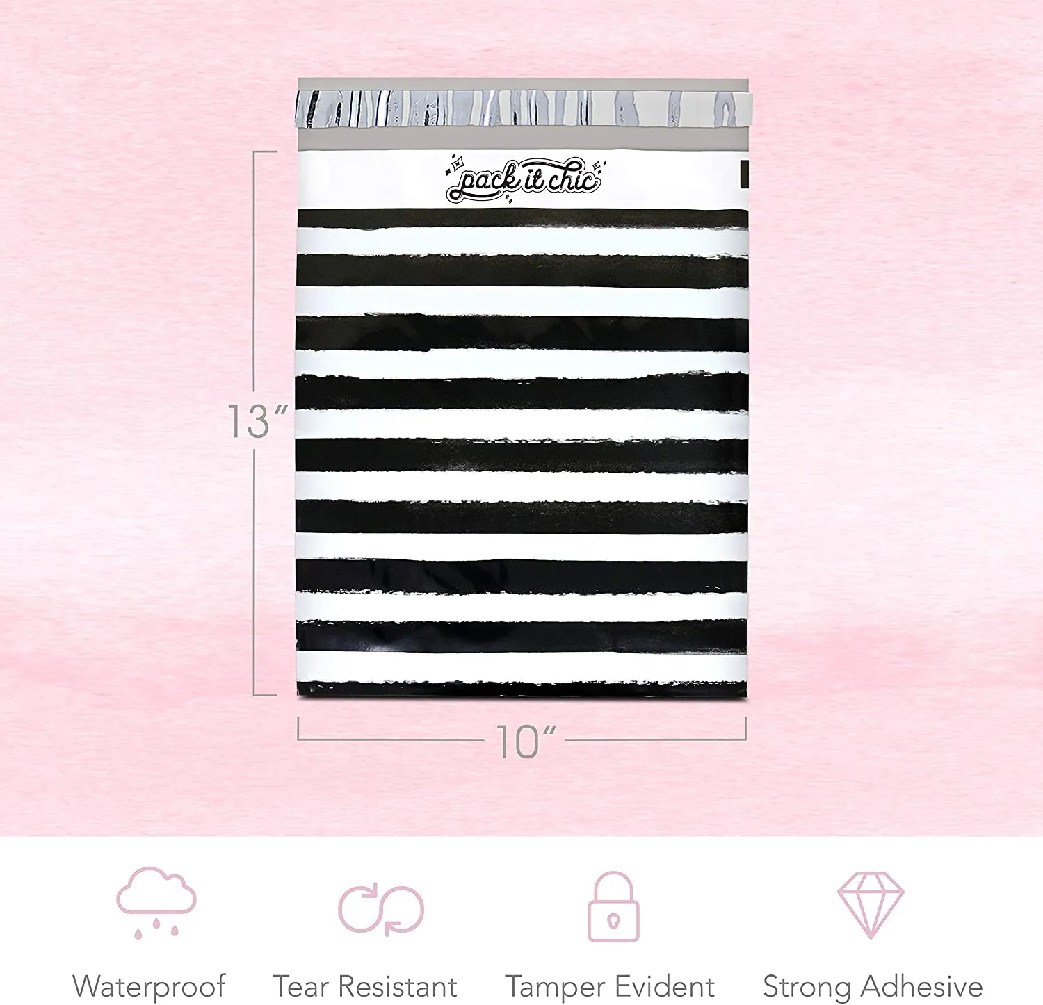 Pack It Chic - 10X13 (100 Pack) Black Watercolor Stripes Poly Mailer Envelope Plastic Custom Mailing & Shipping Bags - Self Seal