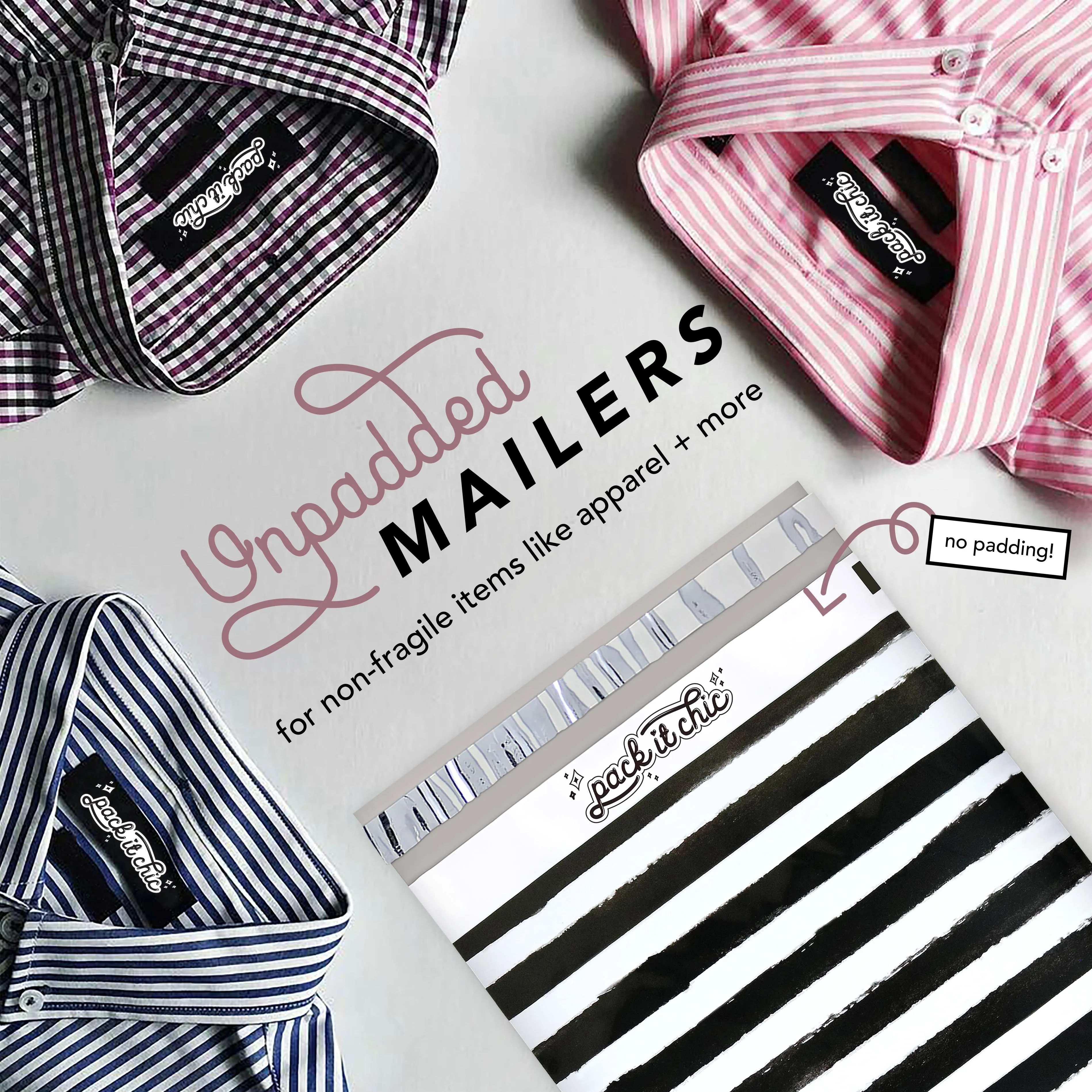 Pack It Chic - 10X13 (100 Pack) Black Watercolor Stripes Poly Mailer Envelope Plastic Custom Mailing & Shipping Bags - Self Seal