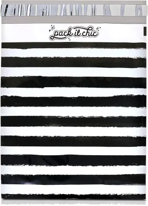 Pack It Chic - 10X13 (100 Pack) Black Watercolor Stripes Poly Mailer Envelope Plastic Custom Mailing & Shipping Bags - Self Seal