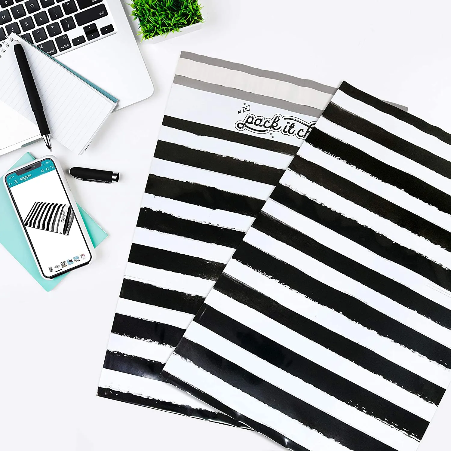 Pack It Chic - 10X13 (100 Pack) Black Watercolor Stripes Poly Mailer Envelope Plastic Custom Mailing & Shipping Bags - Self Seal