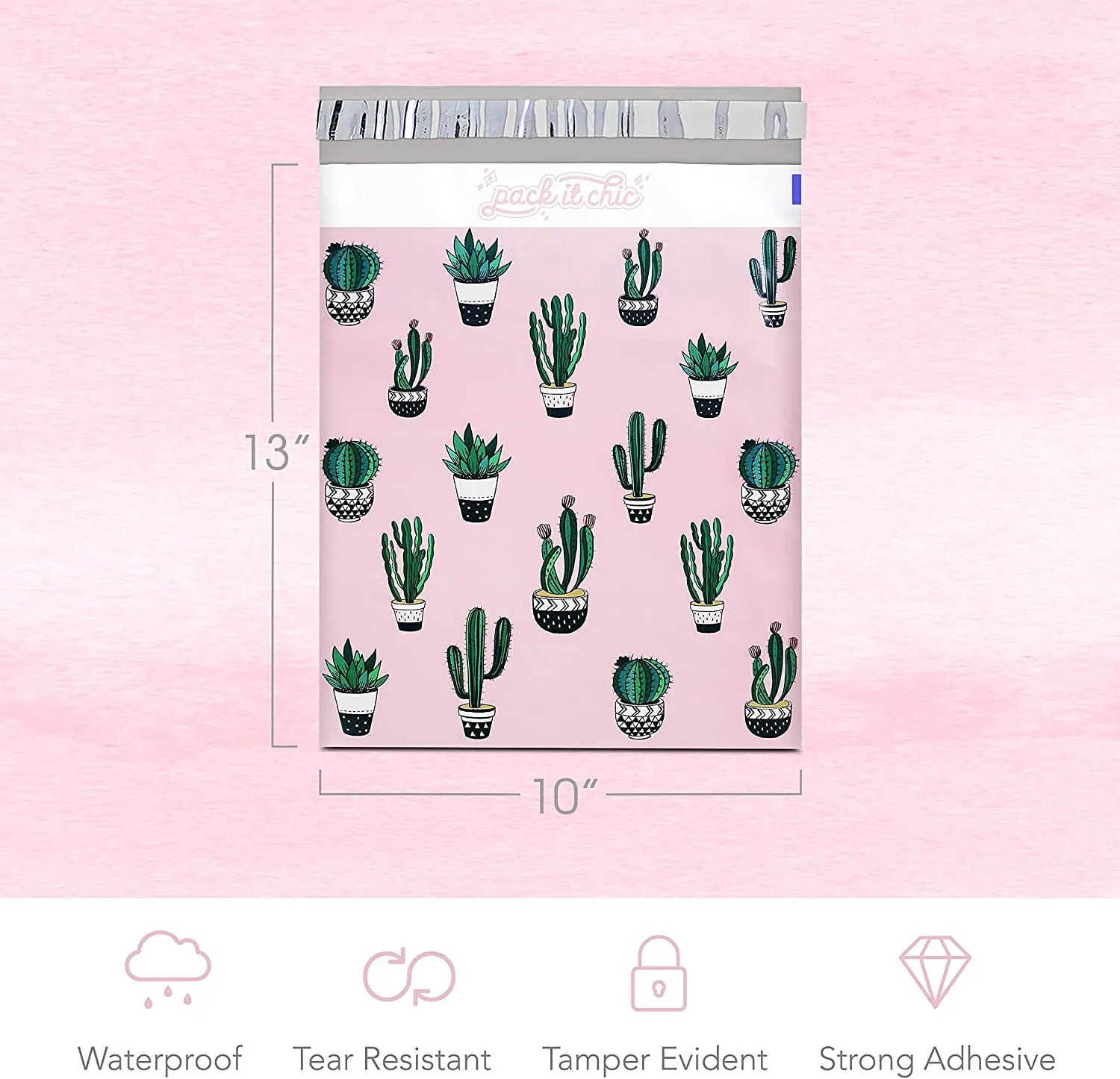 Pack It Chic - 10X13 (100 Pack) Cactus & Succulents Poly Mailer Envelope Plastic Custom Mailing & Shipping Bags - Self Seal