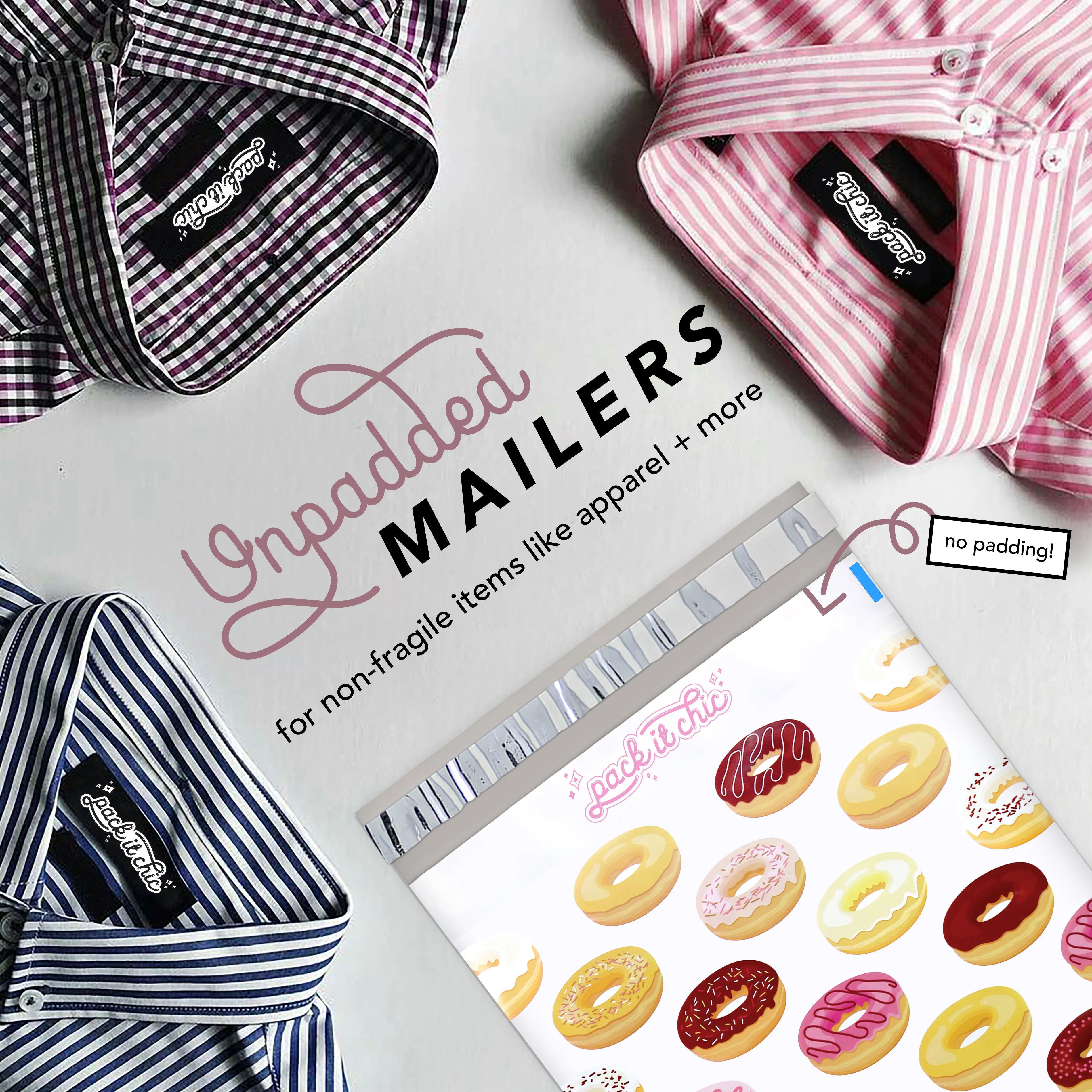 Pack It Chic - 10X13 (100 Pack) Doughnut Pattern Poly Mailer Envelope Plastic Custom Mailing & Shipping Bags - Self Seal