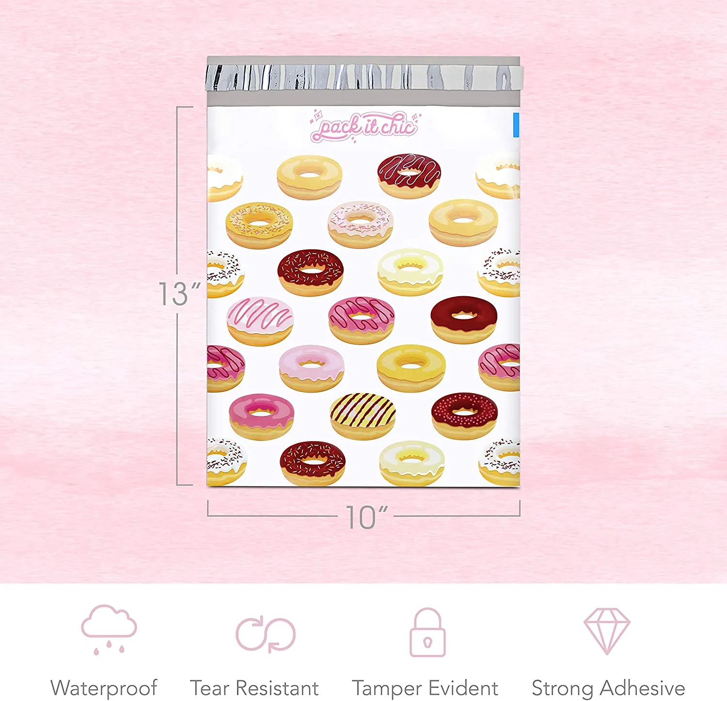 Pack It Chic - 10X13 (100 Pack) Doughnut Pattern Poly Mailer Envelope Plastic Custom Mailing & Shipping Bags - Self Seal
