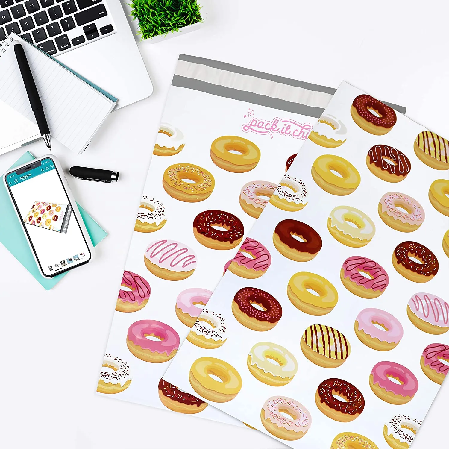 Pack It Chic - 10X13 (100 Pack) Doughnut Pattern Poly Mailer Envelope Plastic Custom Mailing & Shipping Bags - Self Seal