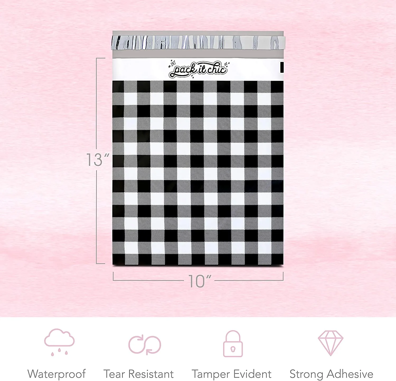 Pack It Chic - 10X13 (100 Pack) Gingham Plaid Poly Mailer Envelope Plastic Custom Mailing & Shipping Bags - Self Seal