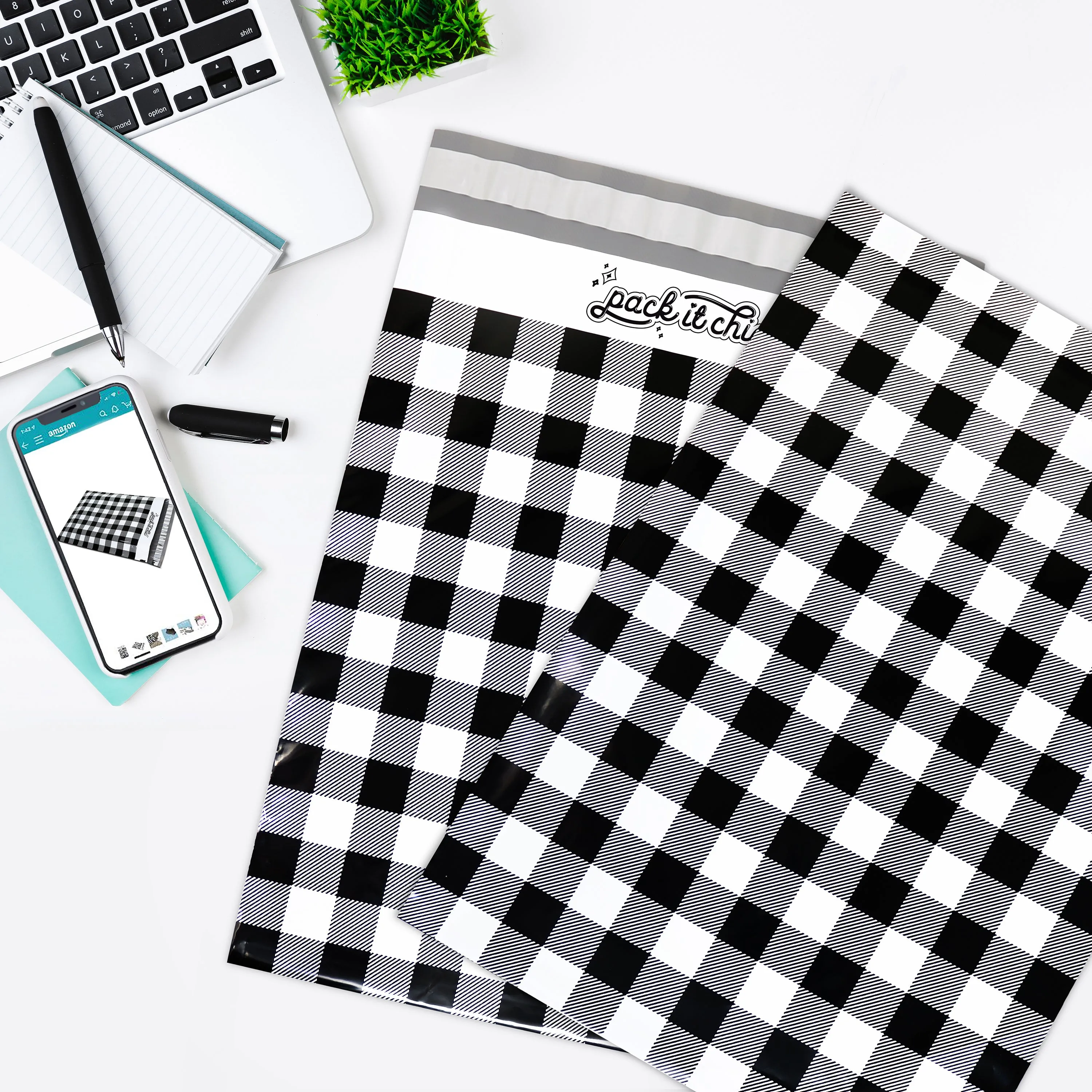 Pack It Chic - 10X13 (100 Pack) Gingham Plaid Poly Mailer Envelope Plastic Custom Mailing & Shipping Bags - Self Seal