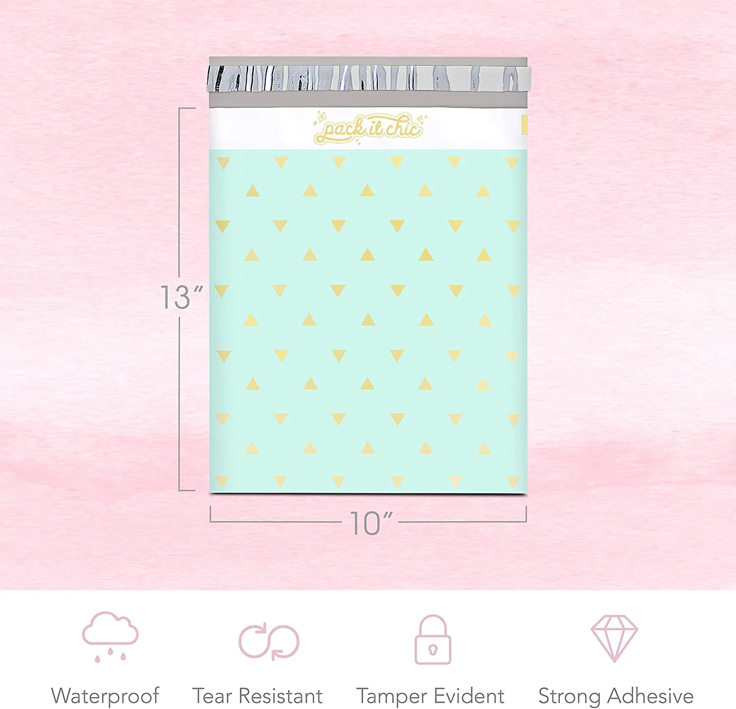 Pack It Chic - 10X13 (100 Pack) Mint Gold Triangles Poly Mailer Envelope Plastic Custom Mailing & Shipping Bags - Self Seal