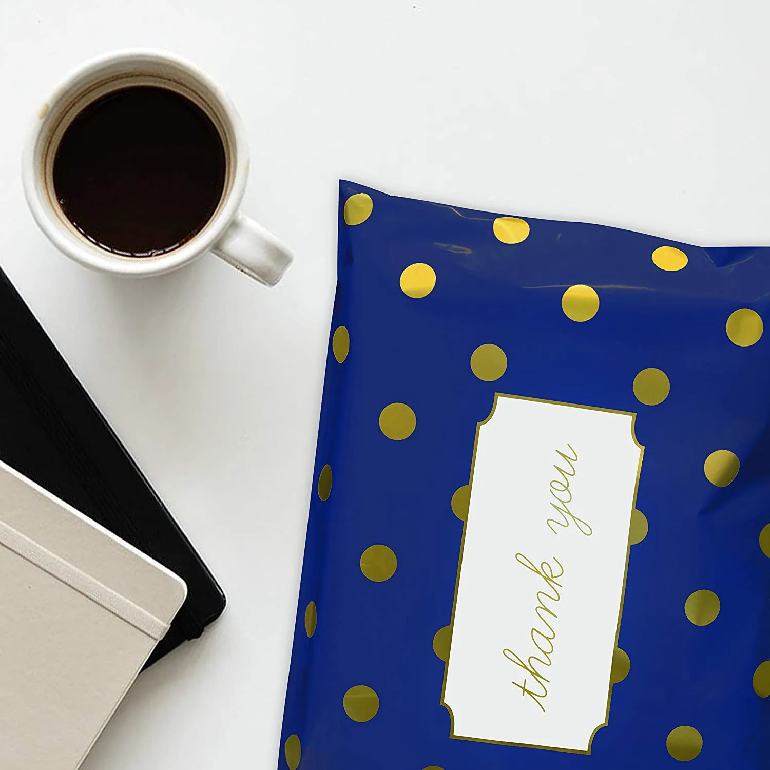 Pack It Chic - 10X13 (100 Pack) Navy Polka Dot - Thank You Poly Mailer Envelope Plastic Custom Mailing & Shipping Bags - Self Seal