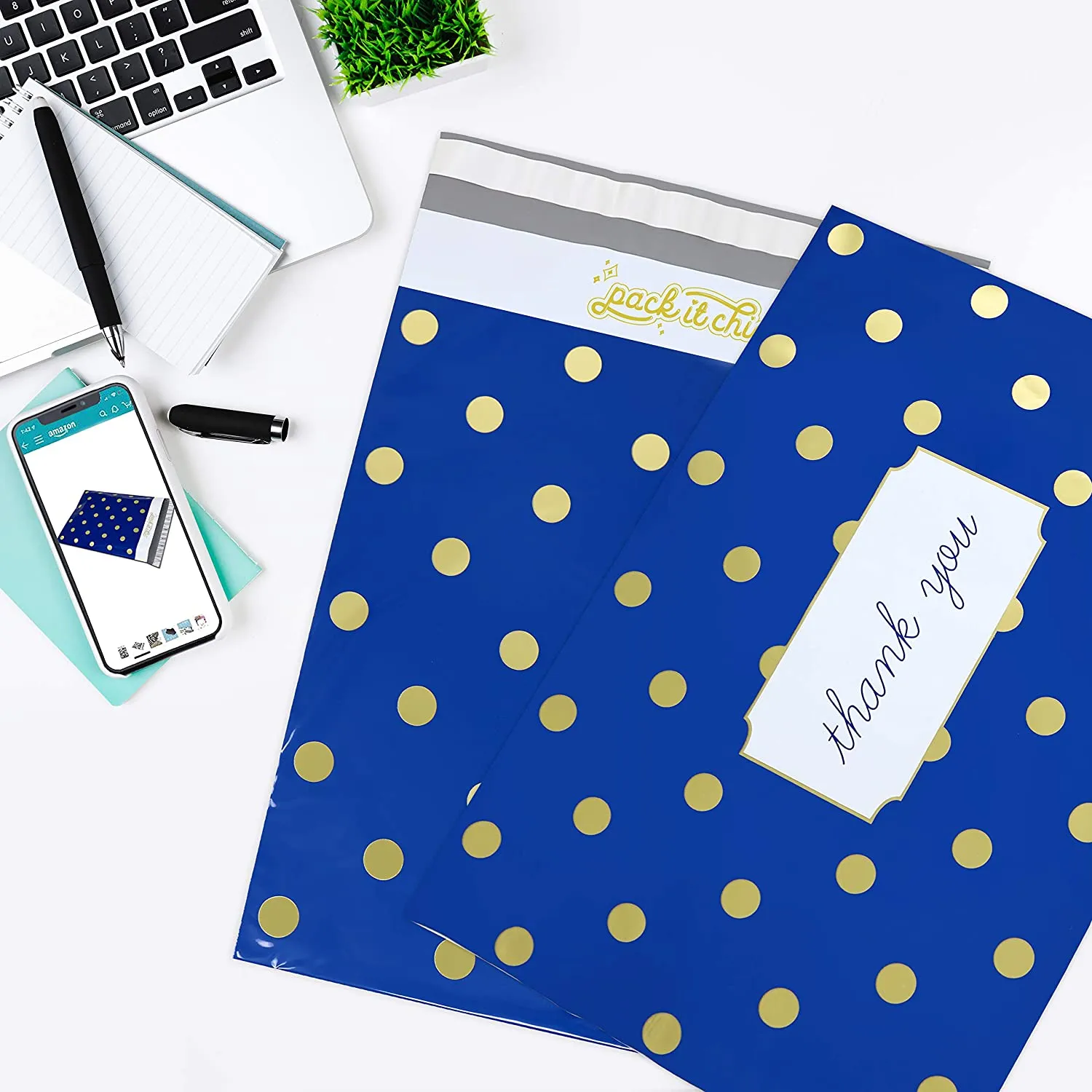 Pack It Chic - 10X13 (100 Pack) Navy Polka Dot - Thank You Poly Mailer Envelope Plastic Custom Mailing & Shipping Bags - Self Seal