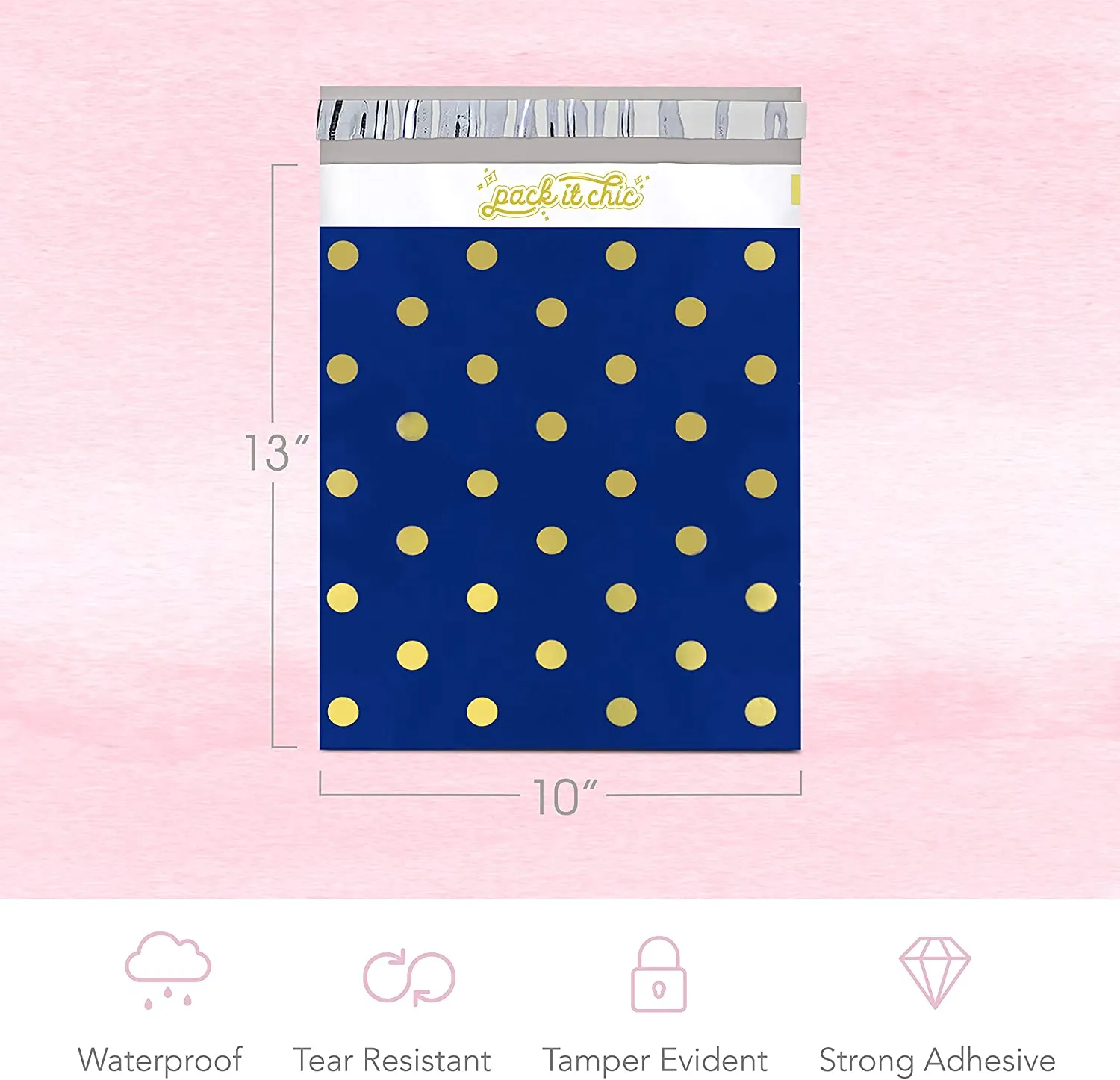 Pack It Chic - 10X13 (100 Pack) Navy Polka Dot - Thank You Poly Mailer Envelope Plastic Custom Mailing & Shipping Bags - Self Seal