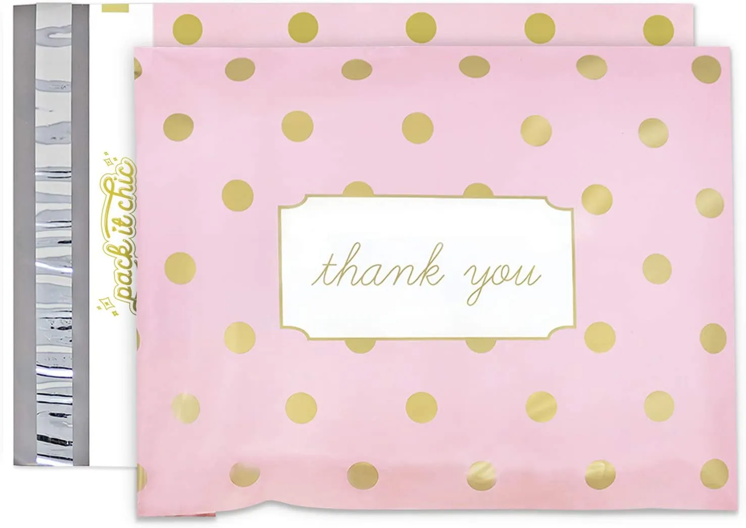 Pack It Chic - 10X13 (100 Pack) Pink Polka Dot - Thank You Poly Mailer Envelope Plastic Custom Mailing & Shipping Bags - Self Seal