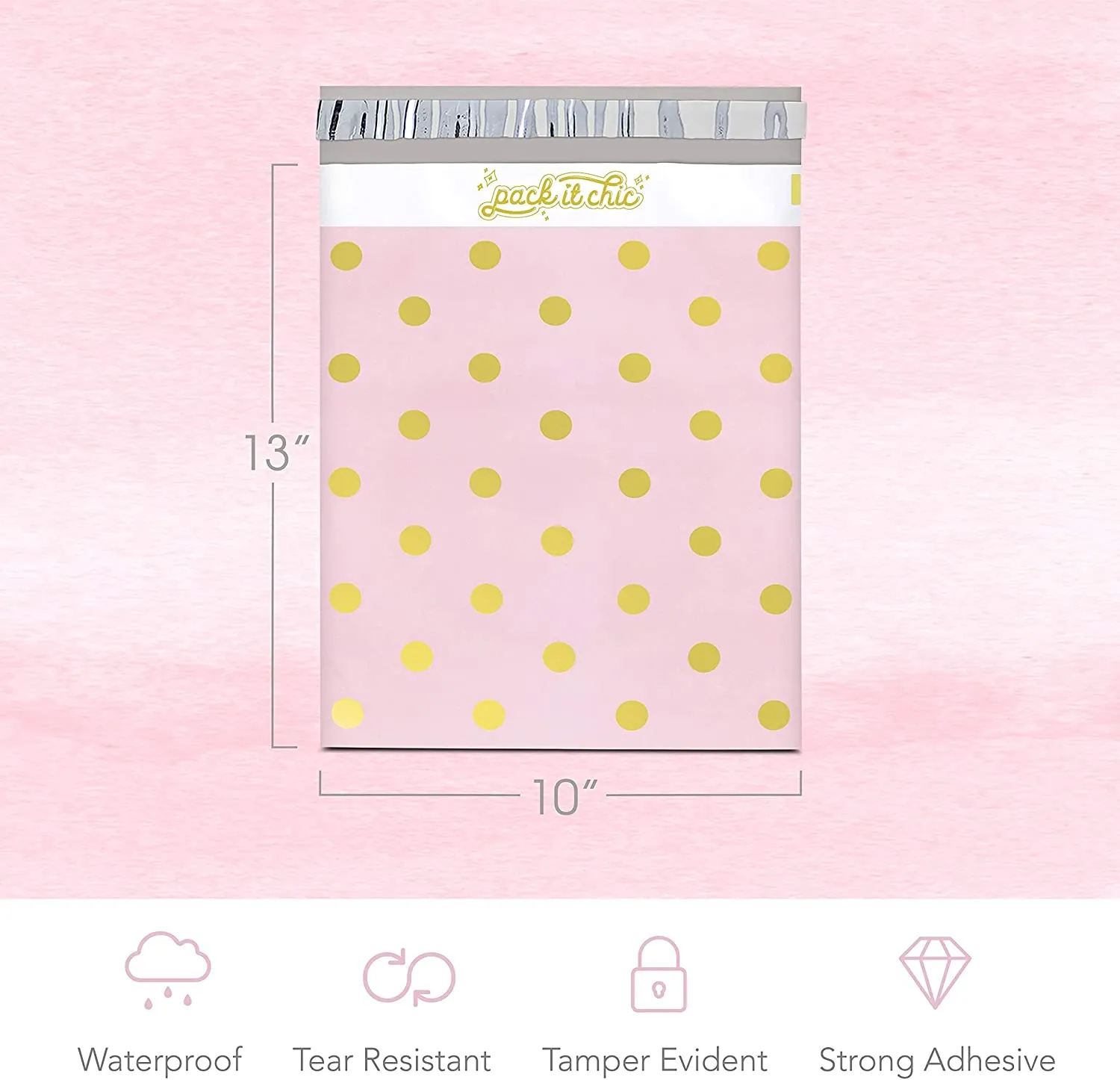 Pack It Chic - 10X13 (100 Pack) Pink Polka Dot - Thank You Poly Mailer Envelope Plastic Custom Mailing & Shipping Bags - Self Seal