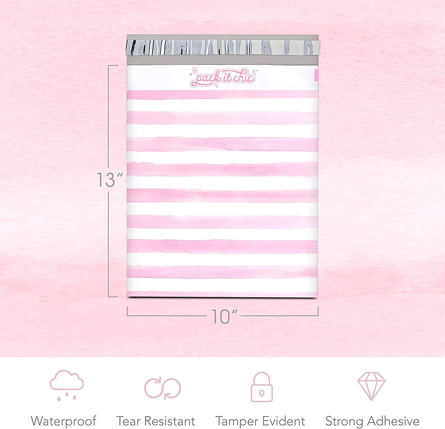 Pack It Chic - 10X13 (100 Pack) Pink Watercolor Stripes Poly Mailer Envelope Plastic Custom Mailing & Shipping Bags - Self Seal