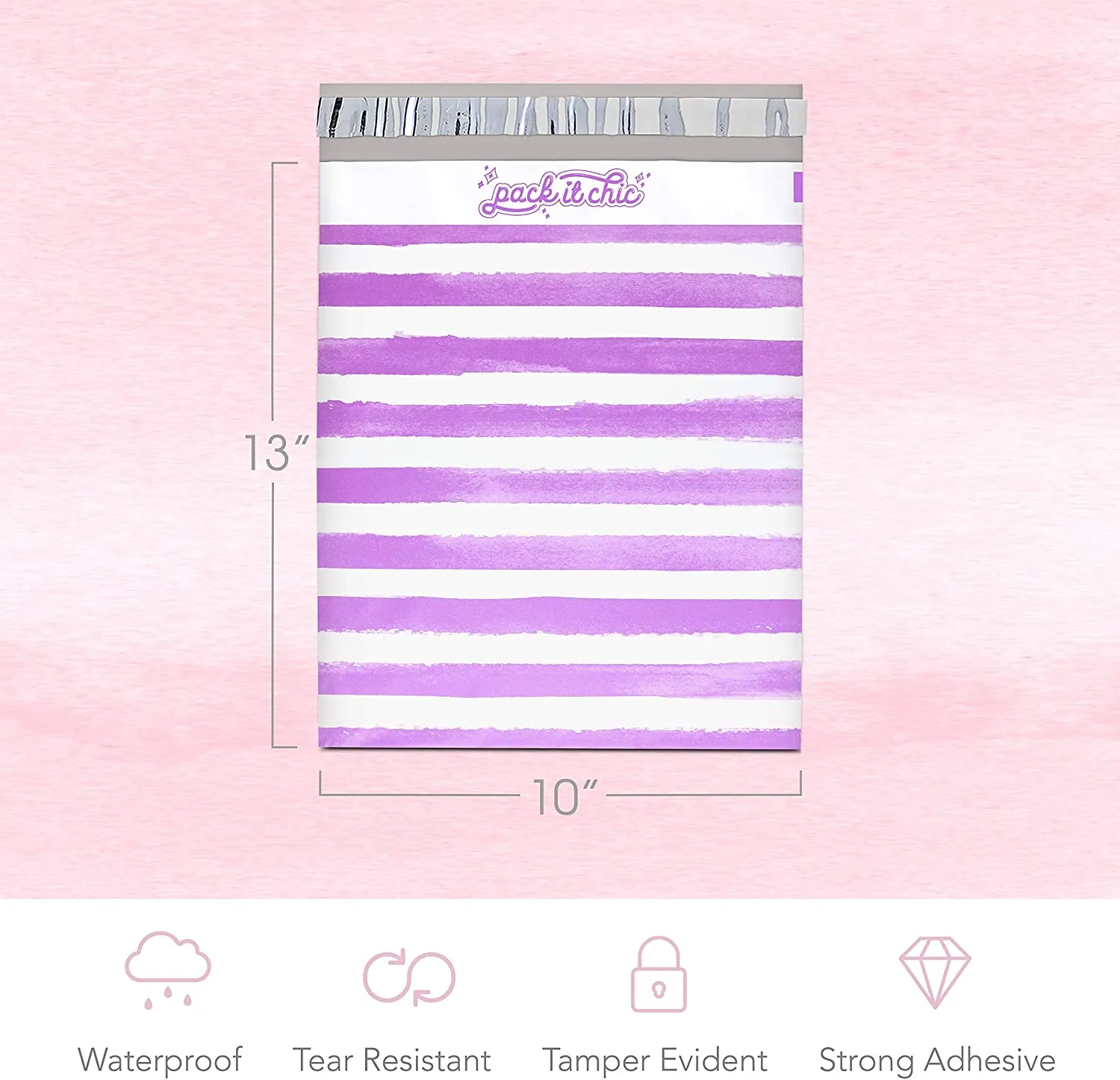 Pack It Chic - 10X13 (100 Pack) Purple Watercolor Stripes Poly Mailer Envelope Plastic Custom Mailing & Shipping Bags - Self Seal