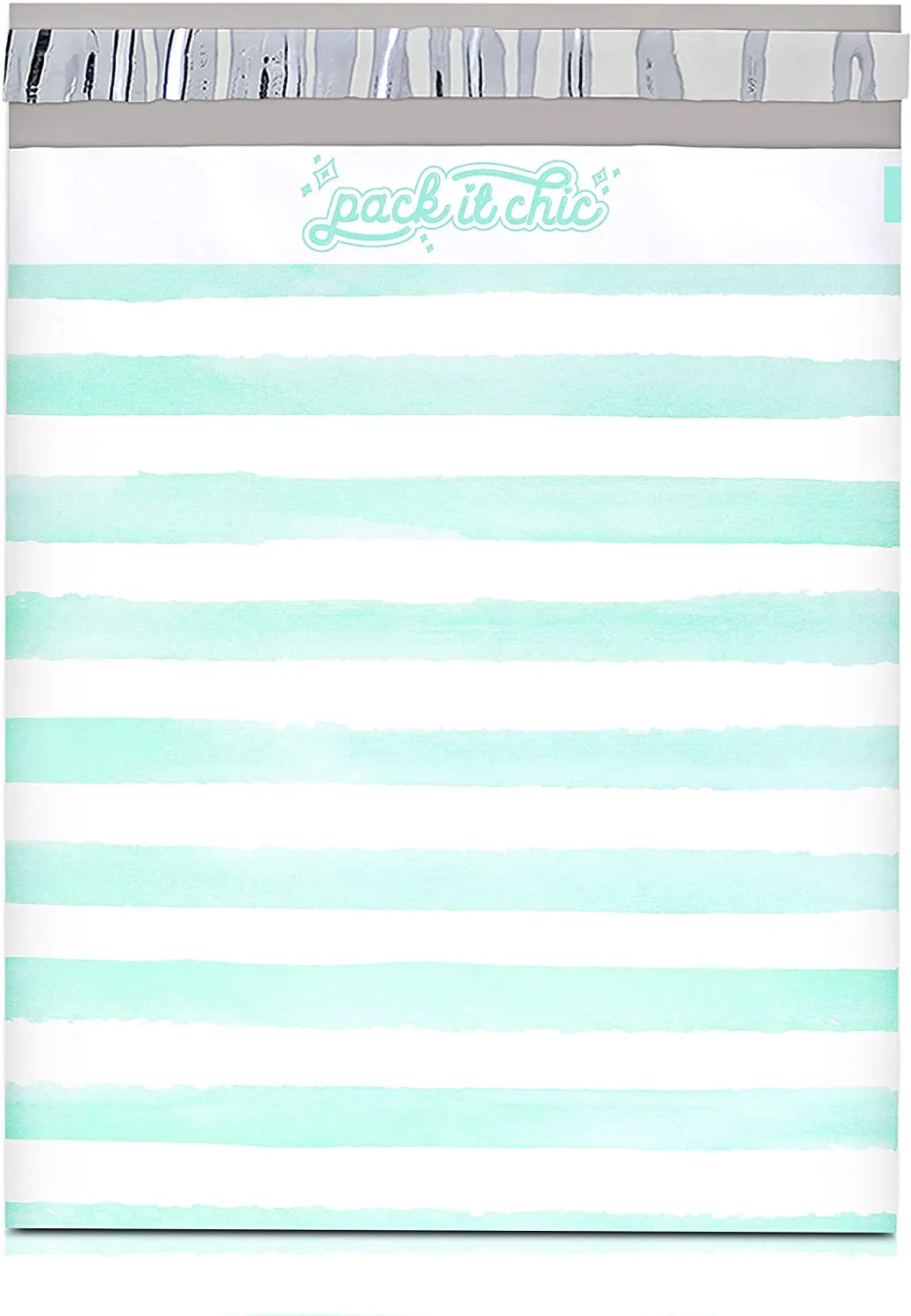 Pack It Chic - 10X13 (100 Pack) Teal Watercolor Stripes Poly Mailer Envelope Plastic Custom Mailing & Shipping Bags - Self Seal