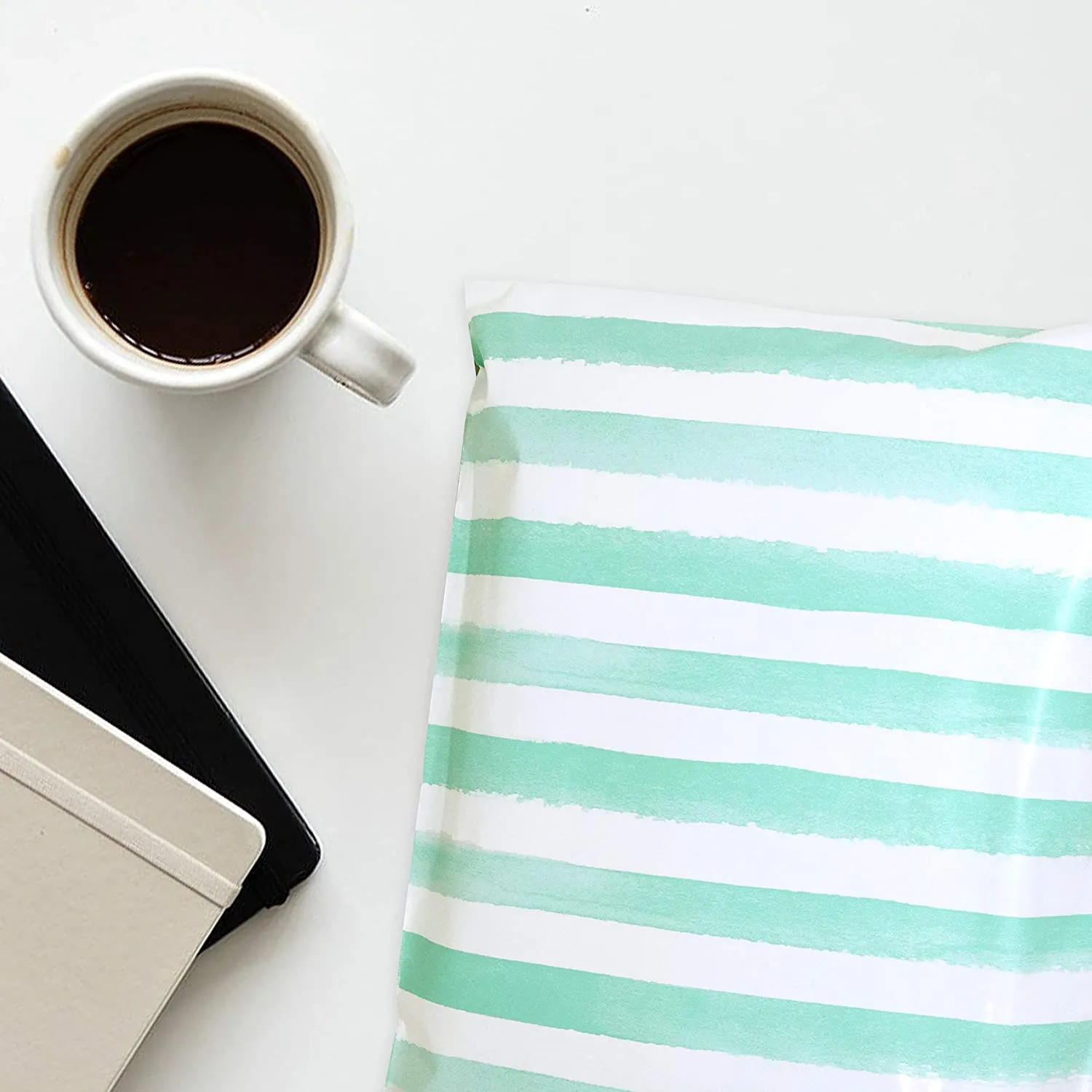 Pack It Chic - 10X13 (100 Pack) Teal Watercolor Stripes Poly Mailer Envelope Plastic Custom Mailing & Shipping Bags - Self Seal