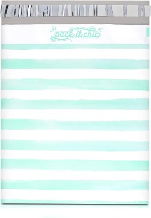Pack It Chic - 10X13 (100 Pack) Teal Watercolor Stripes Poly Mailer Envelope Plastic Custom Mailing & Shipping Bags - Self Seal