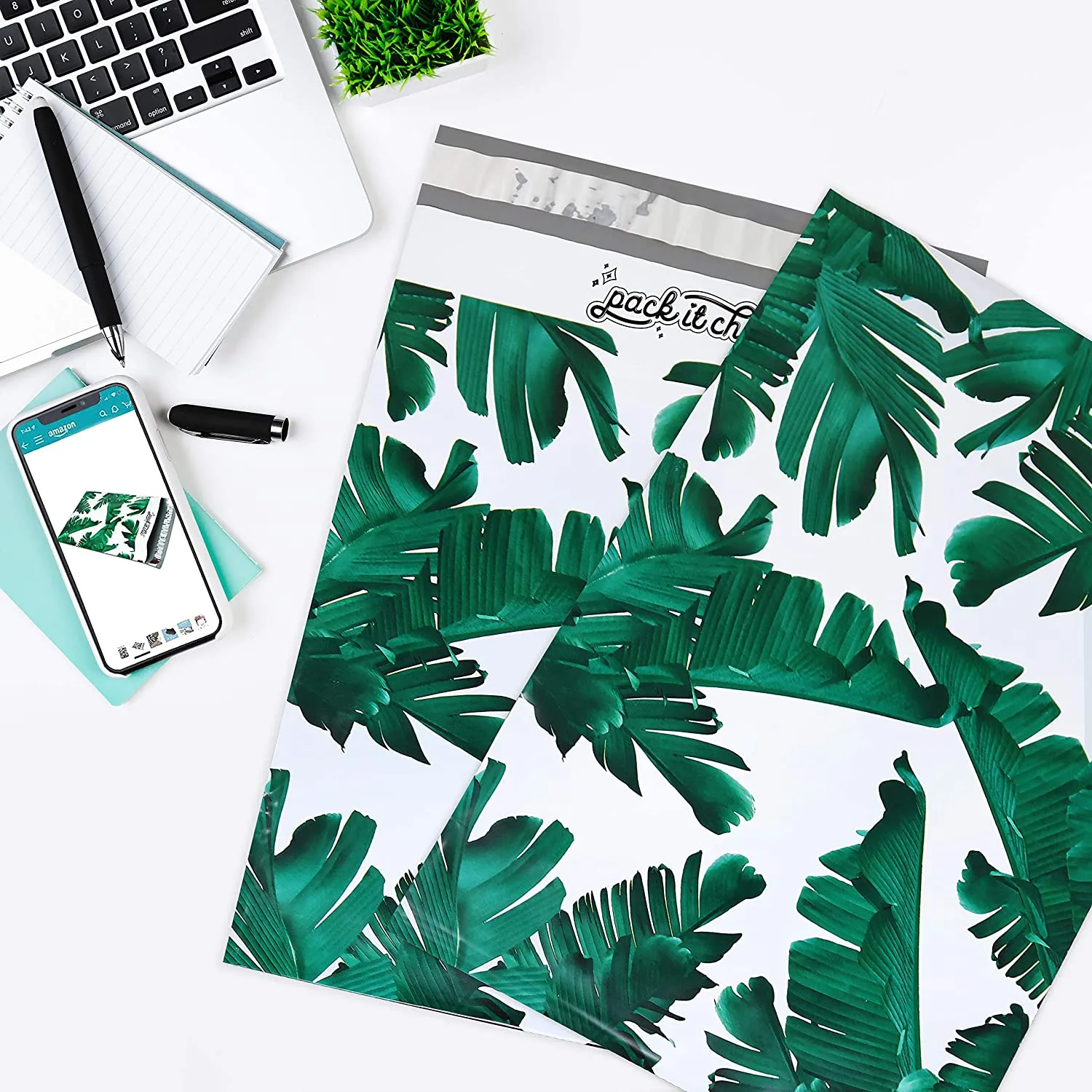 Pack It Chic - 10X13 (100 Pack) Tropical Leaves Poly Mailer Envelope Plastic Custom Mailing & Shipping Bags - Self Seal