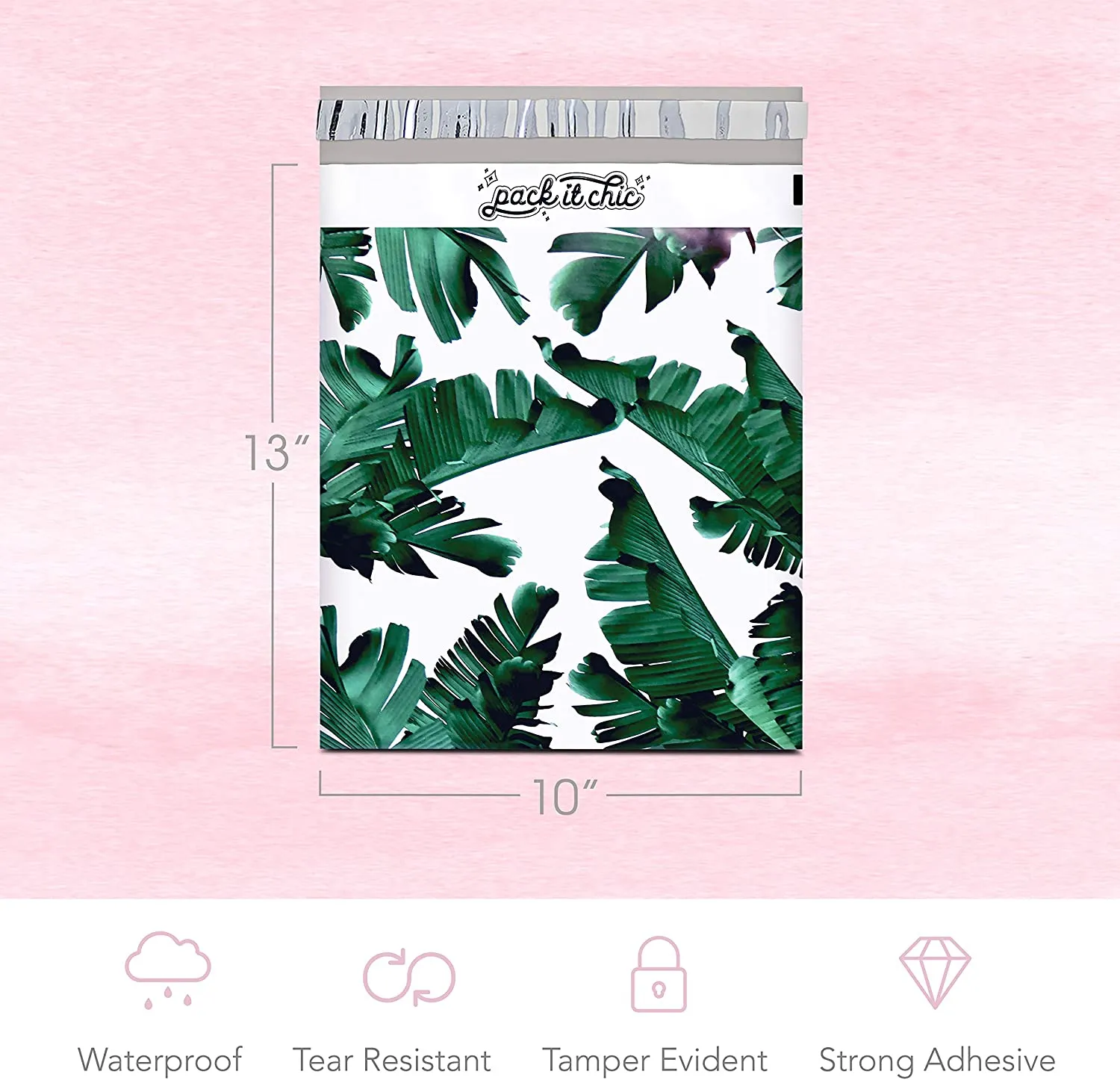 Pack It Chic - 10X13 (100 Pack) Tropical Leaves Poly Mailer Envelope Plastic Custom Mailing & Shipping Bags - Self Seal