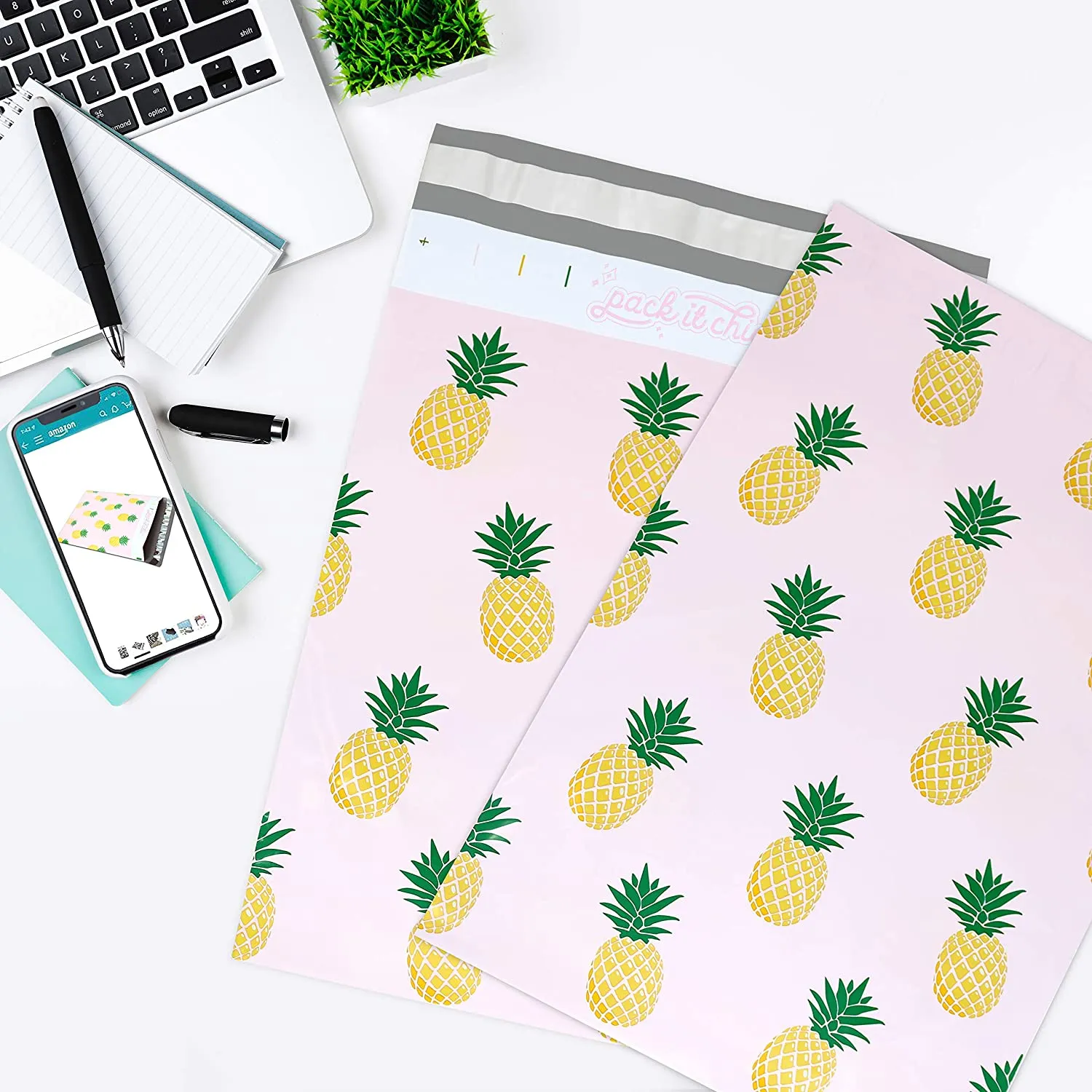 Pack It Chic - 10X13 (100 Pack) Tropical Pineapple Poly Mailer Envelope Plastic Custom Mailing & Shipping Bags - Self Seal