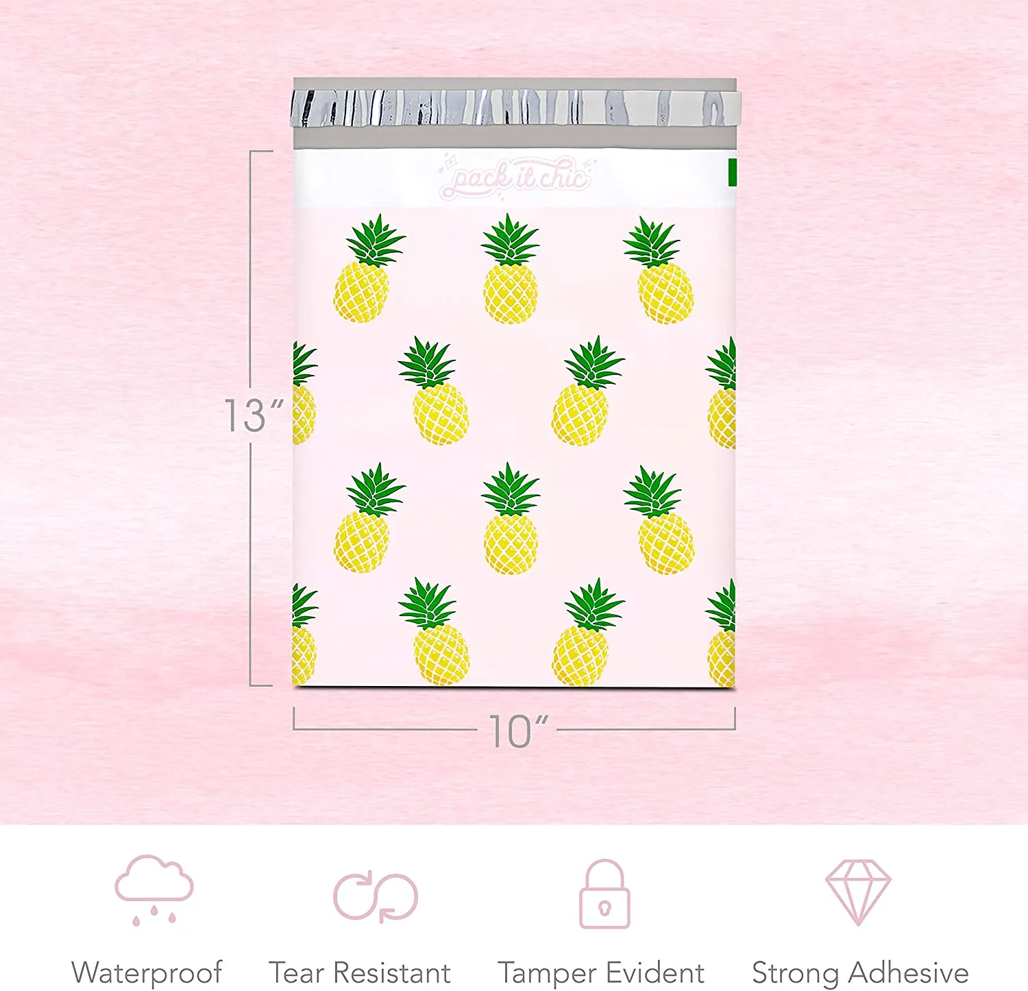 Pack It Chic - 10X13 (100 Pack) Tropical Pineapple Poly Mailer Envelope Plastic Custom Mailing & Shipping Bags - Self Seal