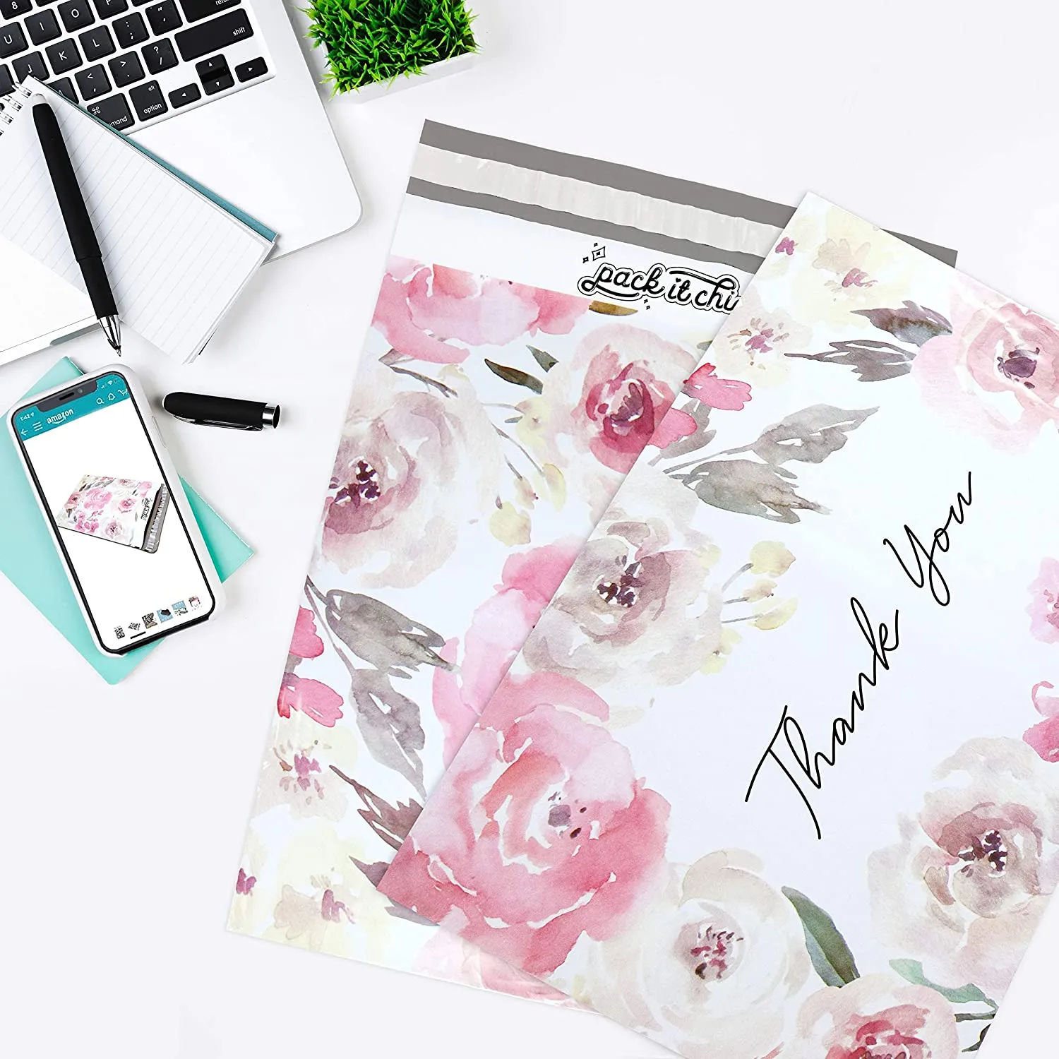 Pack It Chic - 12" X 15.5" (100 Pack) Floral Flowers - Thank You Poly Mailer Envelope Plastic Custom Mailing & Shipping Bags - Self Seal