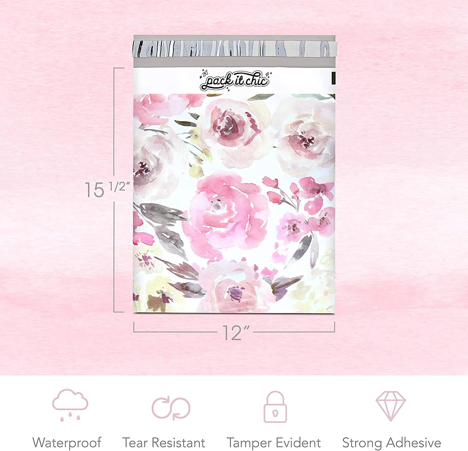 Pack It Chic - 12" X 15.5" (100 Pack) Floral Flowers - Thank You Poly Mailer Envelope Plastic Custom Mailing & Shipping Bags - Self Seal