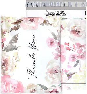Pack It Chic - 12" X 15.5" (100 Pack) Floral Flowers - Thank You Poly Mailer Envelope Plastic Custom Mailing & Shipping Bags - Self Seal