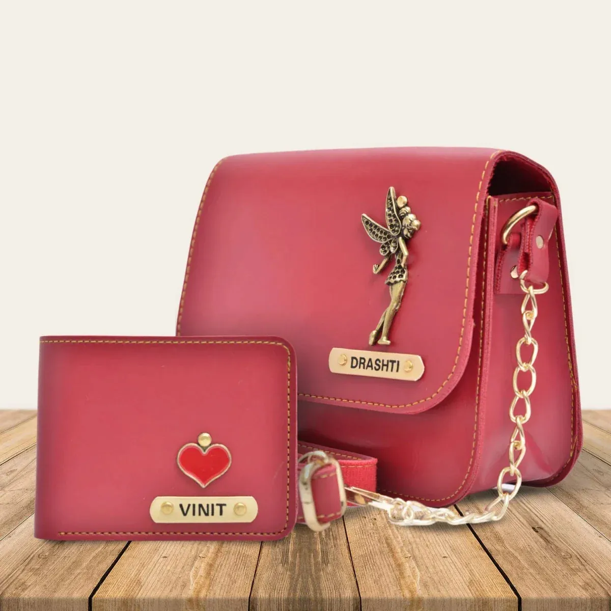 Personalized Couple's Combo : Chained Sling Bag ( Product 1 ) & Men's Wallet (Product 2) - Wine