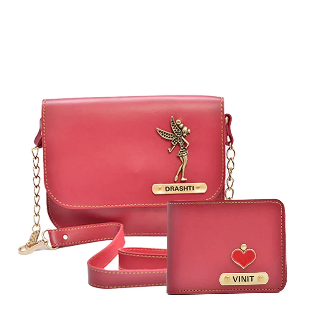 Personalized Couple's Combo : Chained Sling Bag ( Product 1 ) & Men's Wallet (Product 2) - Wine