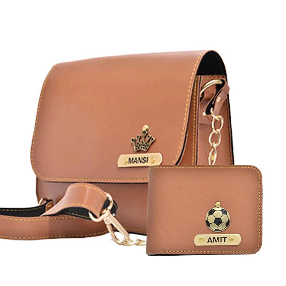 Personalized Couple's Combo : Chained Sling Bag( Product 1 ) & Men's Wallet(Product 2) - Tan