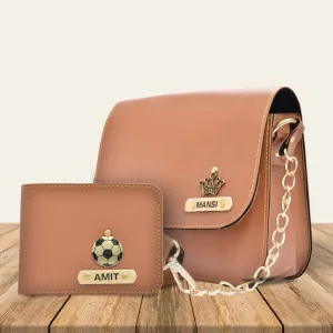 Personalized Couple's Combo : Chained Sling Bag( Product 1 ) & Men's Wallet(Product 2) - Tan