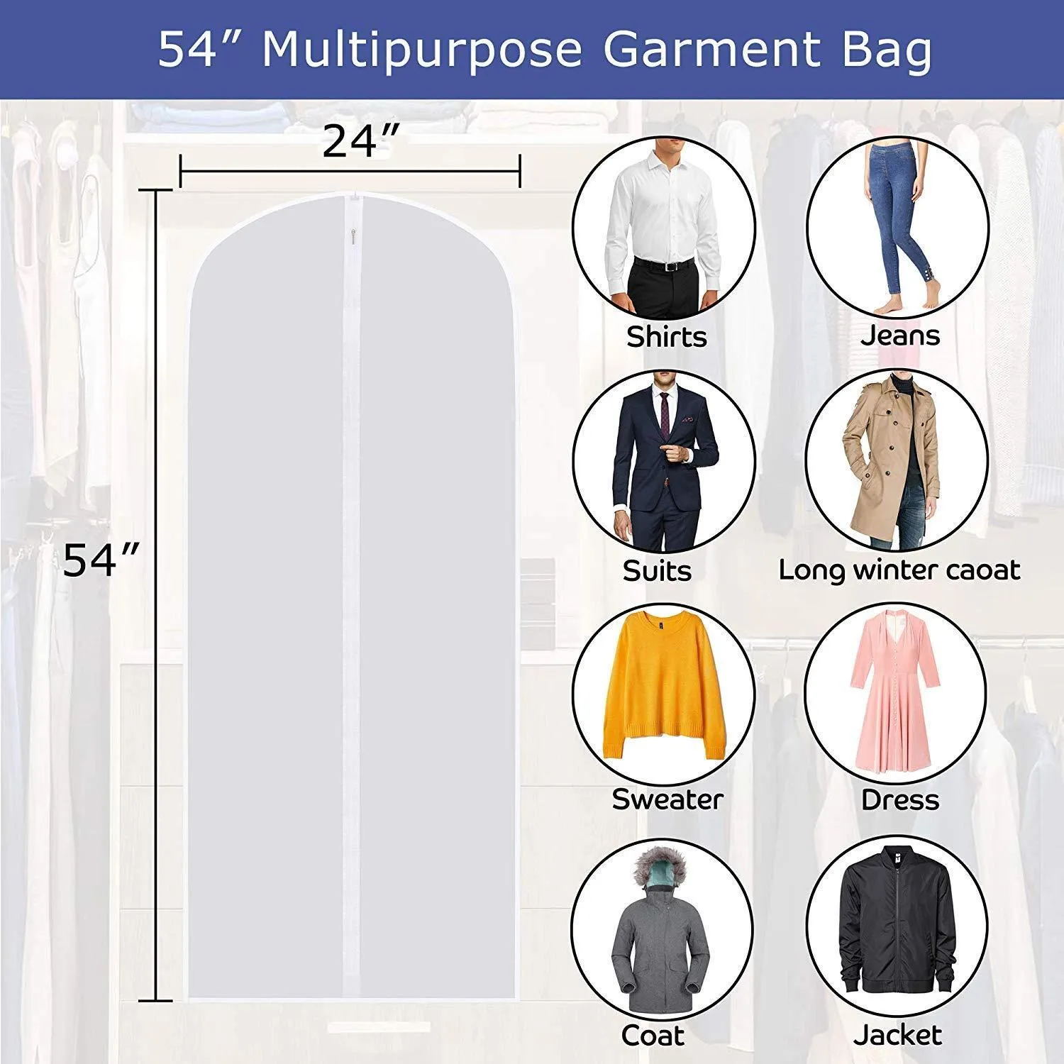 SKYUGLE Clear Garment Bags Dress Cover - 24'' x 54'' Breathable Hanging Clothes Storage Protector for Dance Costumes Suit Coat, Plastic Garment Cover with Sturdy Zipper (7 Pack)