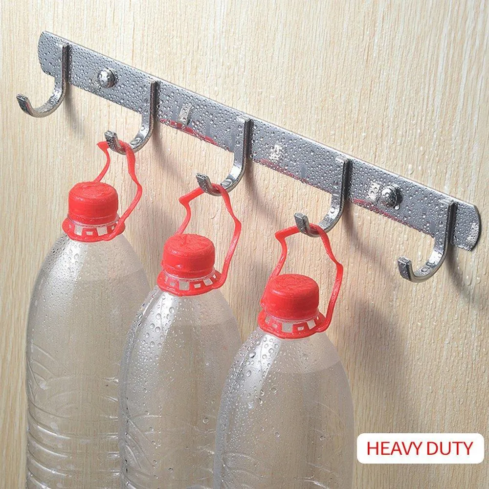 TIANG Hook Rail Coat Rack with 5 Hooks, Wall Mounted Adhesive Satin Finish Hook Rack Hanger Set of 2, 15-Inch Stainless Steel Hook Rack Organizer for Hat Clothes Bathroom Towels Closet Door Kitchen