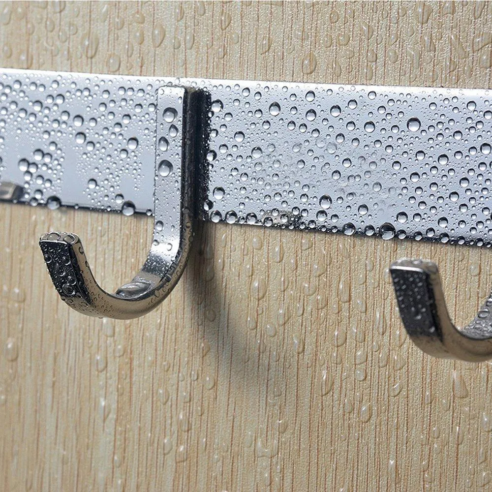 TIANG Hook Rail Coat Rack with 5 Hooks, Wall Mounted Adhesive Satin Finish Hook Rack Hanger Set of 2, 15-Inch Stainless Steel Hook Rack Organizer for Hat Clothes Bathroom Towels Closet Door Kitchen