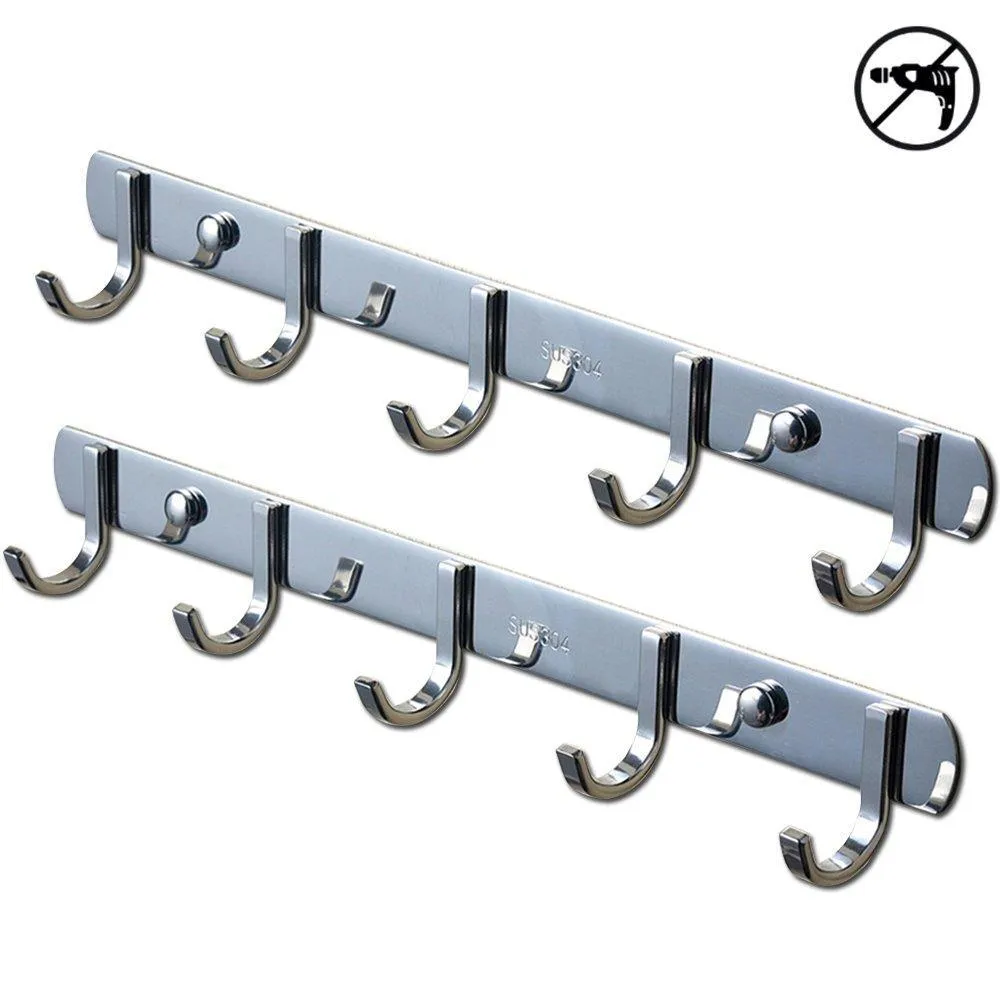 TIANG Hook Rail Coat Rack with 5 Hooks, Wall Mounted Adhesive Satin Finish Hook Rack Hanger Set of 2, 15-Inch Stainless Steel Hook Rack Organizer for Hat Clothes Bathroom Towels Closet Door Kitchen