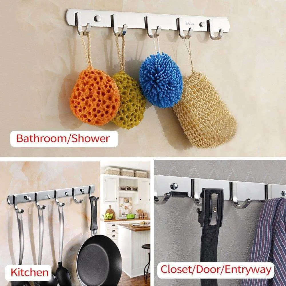 TIANG Hook Rail Coat Rack with 5 Hooks, Wall Mounted Adhesive Satin Finish Hook Rack Hanger Set of 2, 15-Inch Stainless Steel Hook Rack Organizer for Hat Clothes Bathroom Towels Closet Door Kitchen