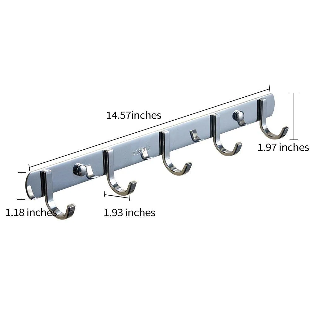 TIANG Hook Rail Coat Rack with 5 Hooks, Wall Mounted Adhesive Satin Finish Hook Rack Hanger Set of 2, 15-Inch Stainless Steel Hook Rack Organizer for Hat Clothes Bathroom Towels Closet Door Kitchen