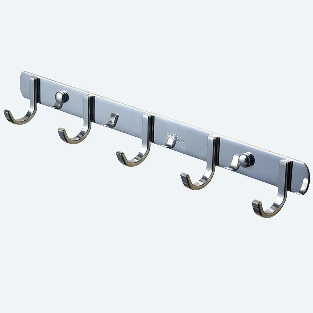 TIANG Hook Rail Coat Rack with 5 Hooks, Wall Mounted Adhesive Satin Finish Hook Rack Hanger Set of 2, 15-Inch Stainless Steel Hook Rack Organizer for Hat Clothes Bathroom Towels Closet Door Kitchen