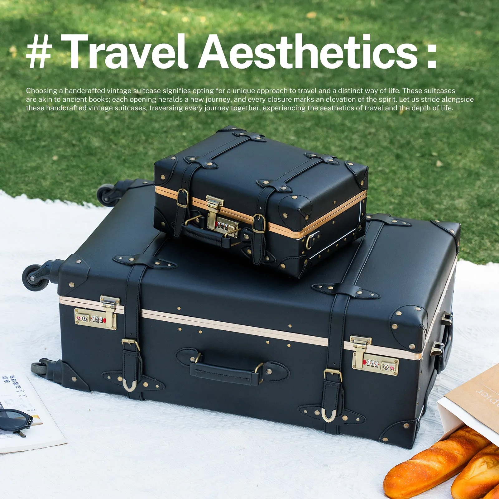 urecity Vintage leather-trimmed luggages 2 Pack