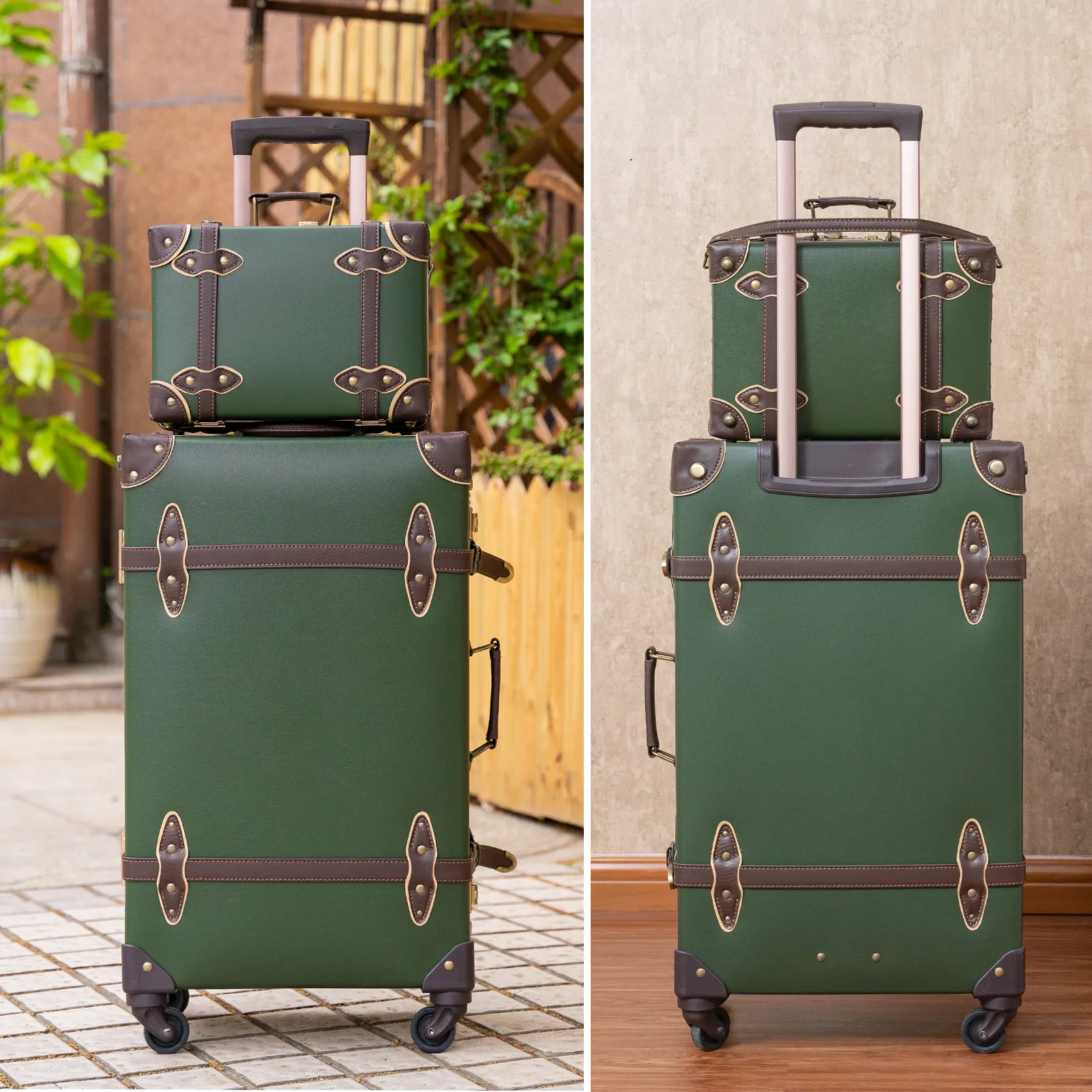 urecity Vintage leather-trimmed luggages 2 Pack