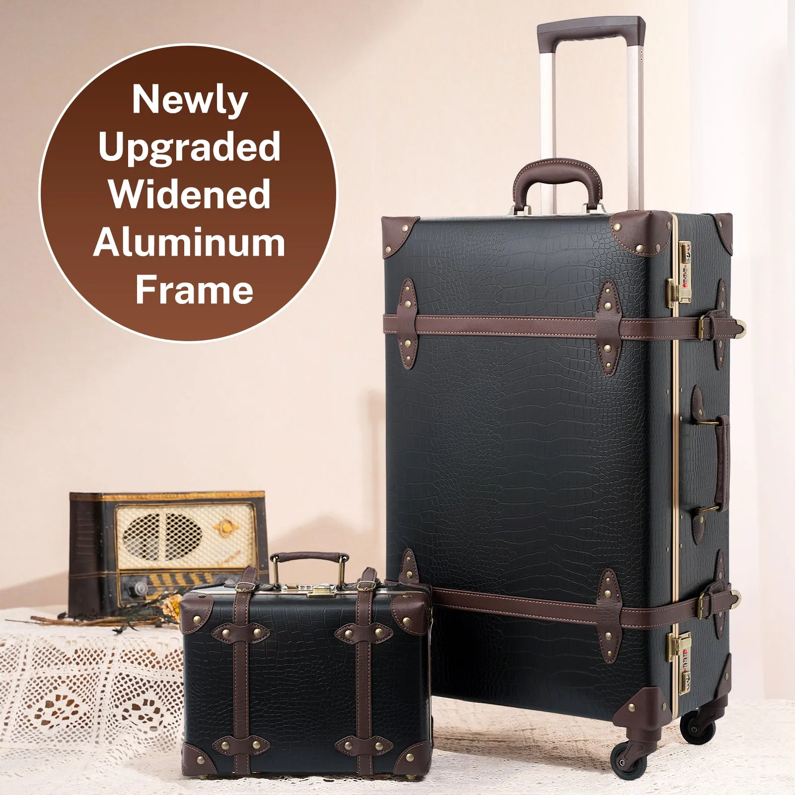 urecity Vintage leather-trimmed luggages 2 Pack