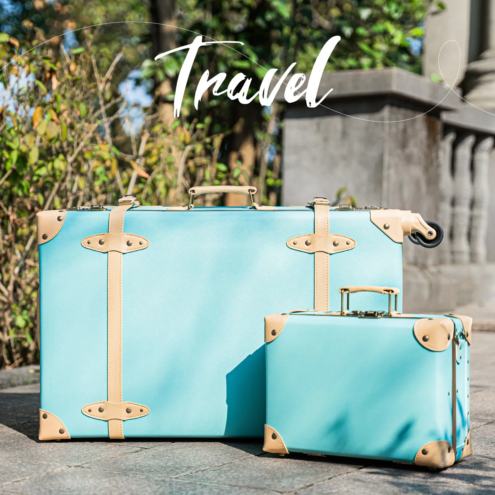 urecity Vintage leather-trimmed luggages 2 Pack