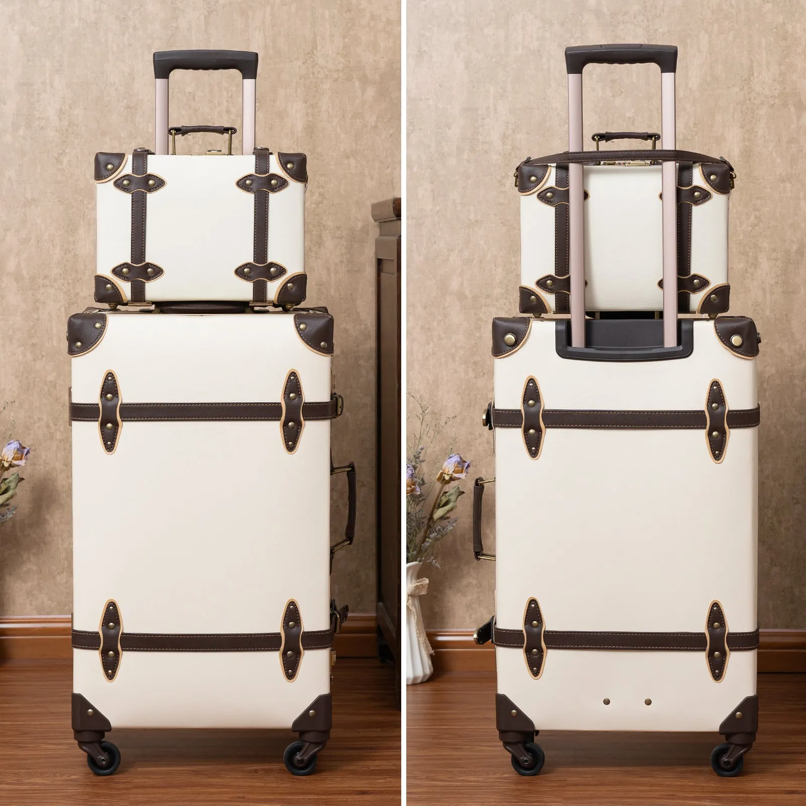 urecity Vintage leather-trimmed luggages 2 Pack