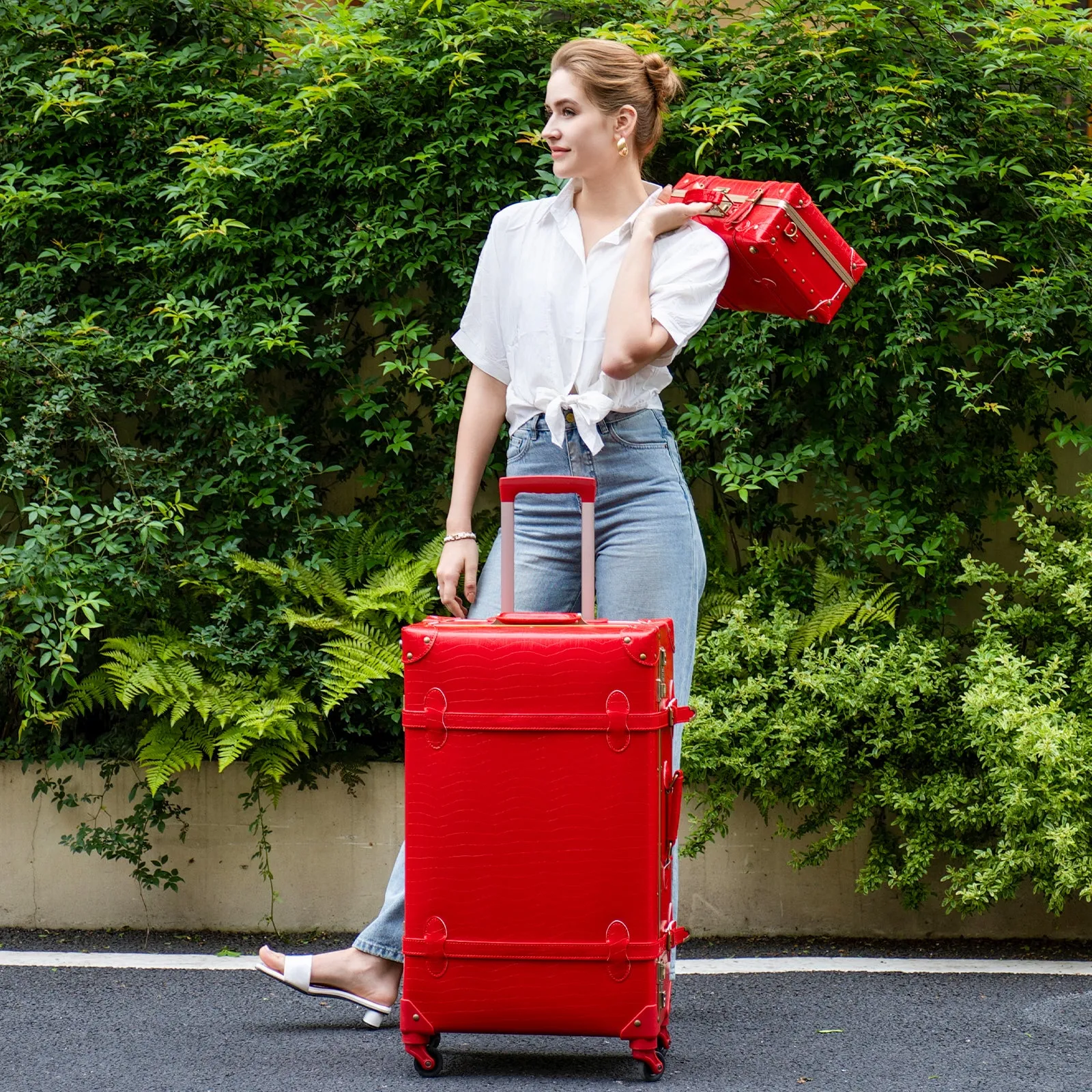 urecity Vintage leather-trimmed luggages 2 Pack