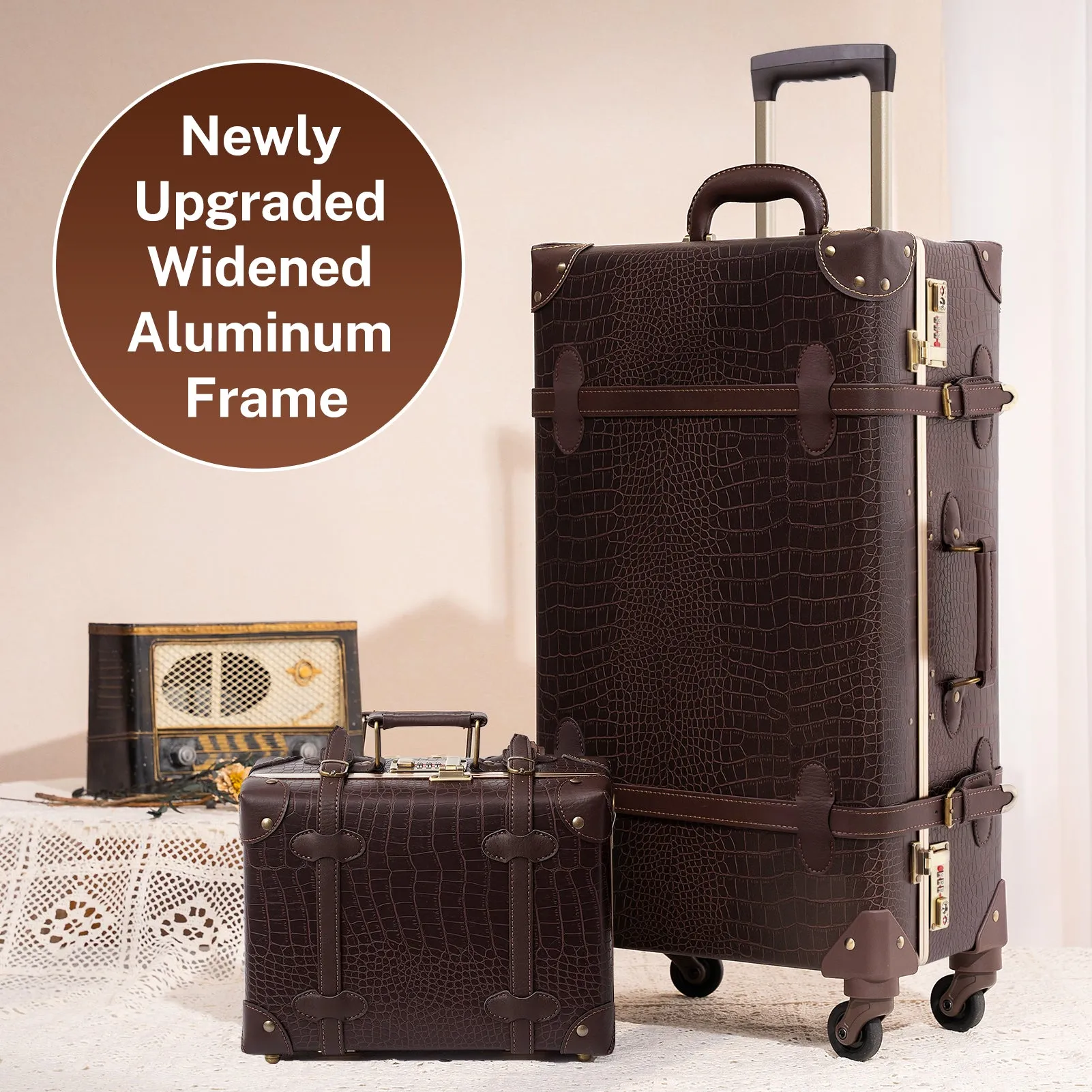 urecity Vintage leather-trimmed luggages 2 Pack