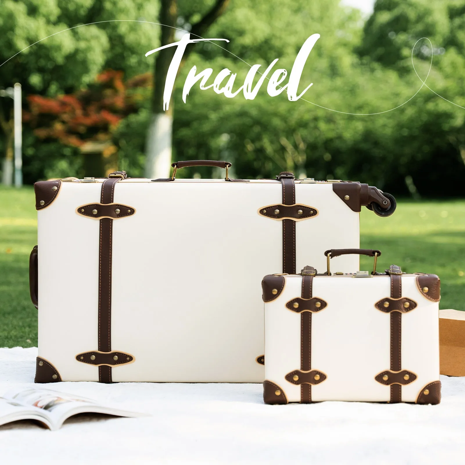 urecity Vintage leather-trimmed luggages 2 Pack