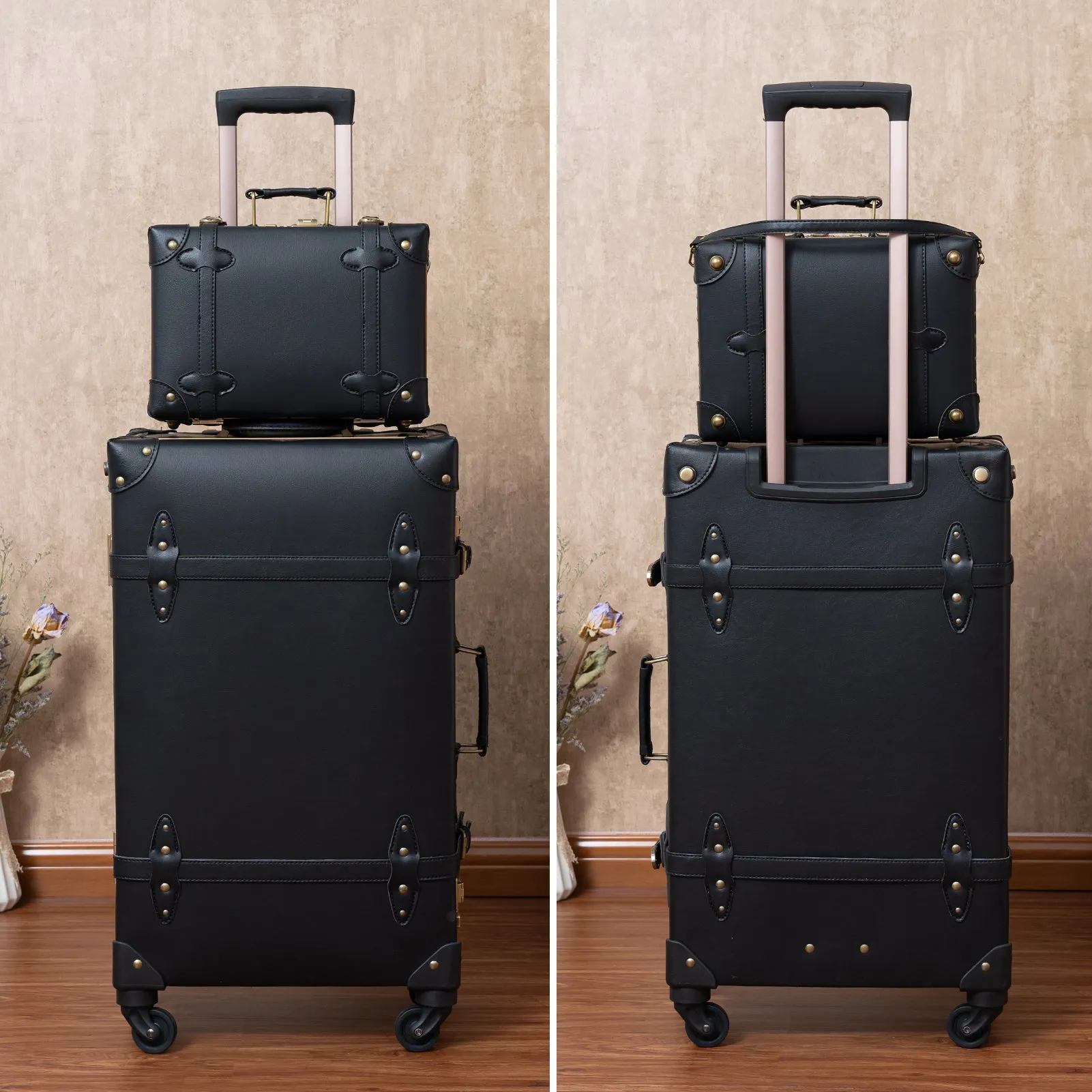urecity Vintage leather-trimmed luggages 2 Pack