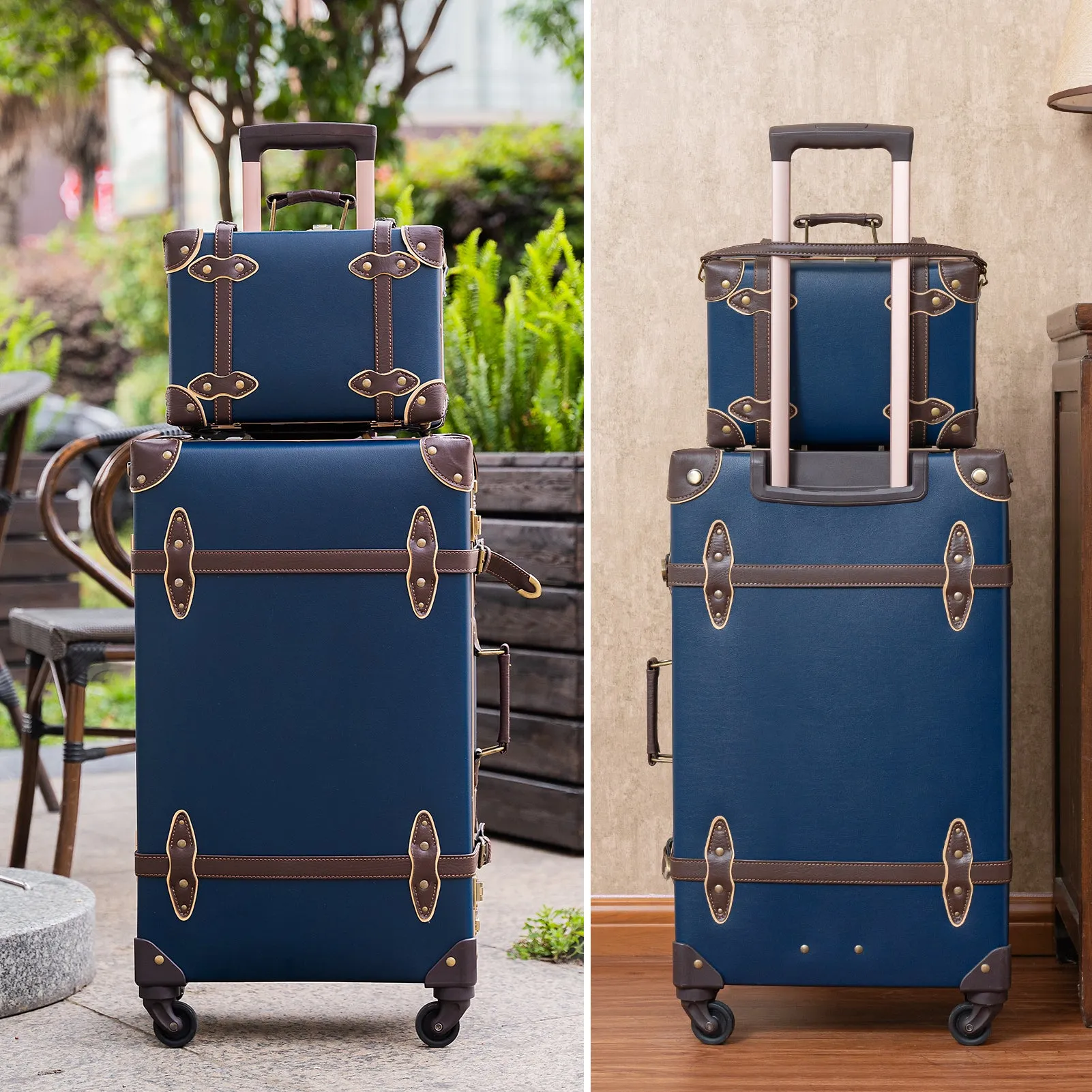 urecity Vintage leather-trimmed luggages 2 Pack